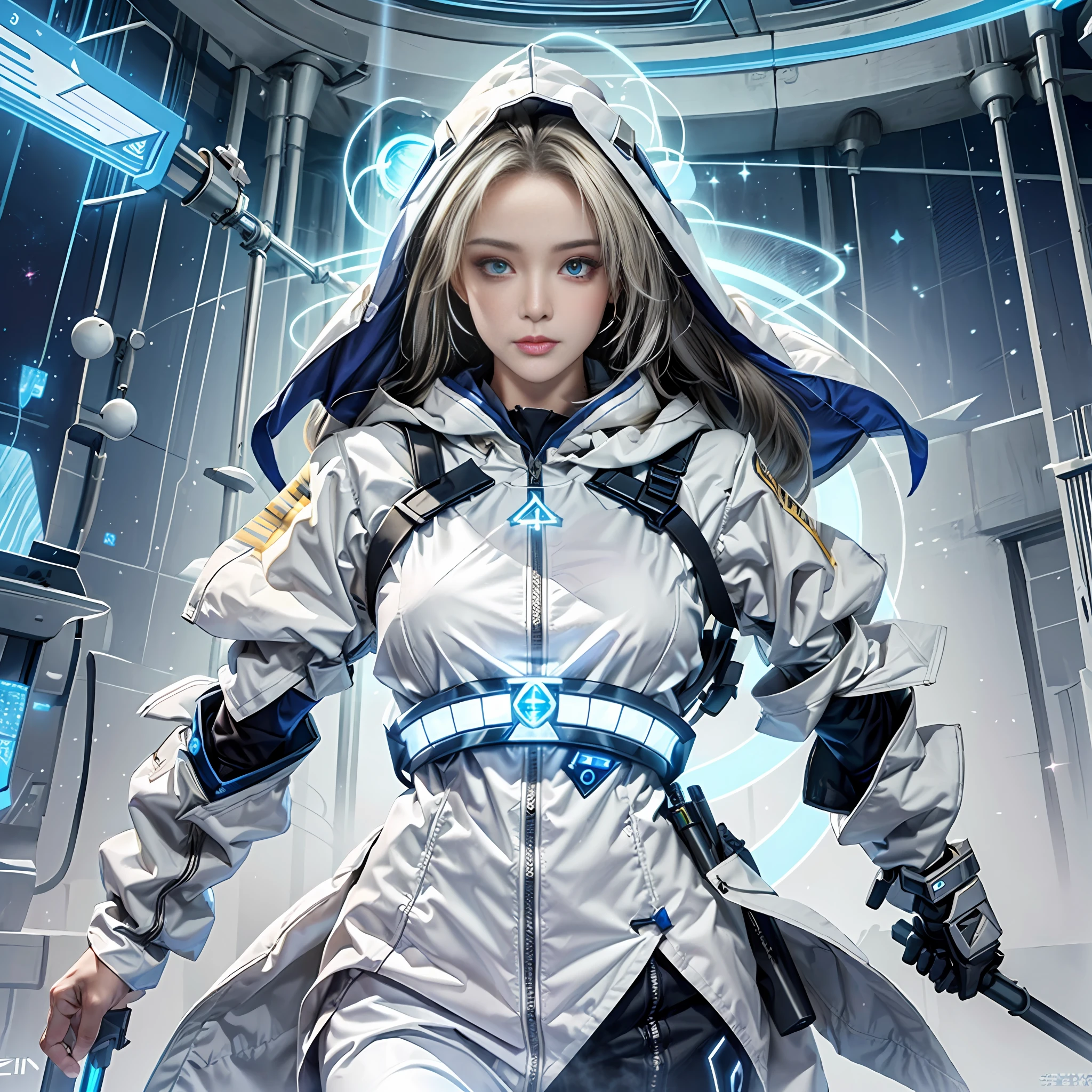 prompt:(futuristic), (mystical), (magical),(ethereal being), (advancedtechnology), (hightechrobes),( futuristicstaff),(orbitingholograms),( cybernetichands),(nanomagichood), (faceshield),(glowingeyes),( majesticpose),( powerfulstance),(defendsjustice)