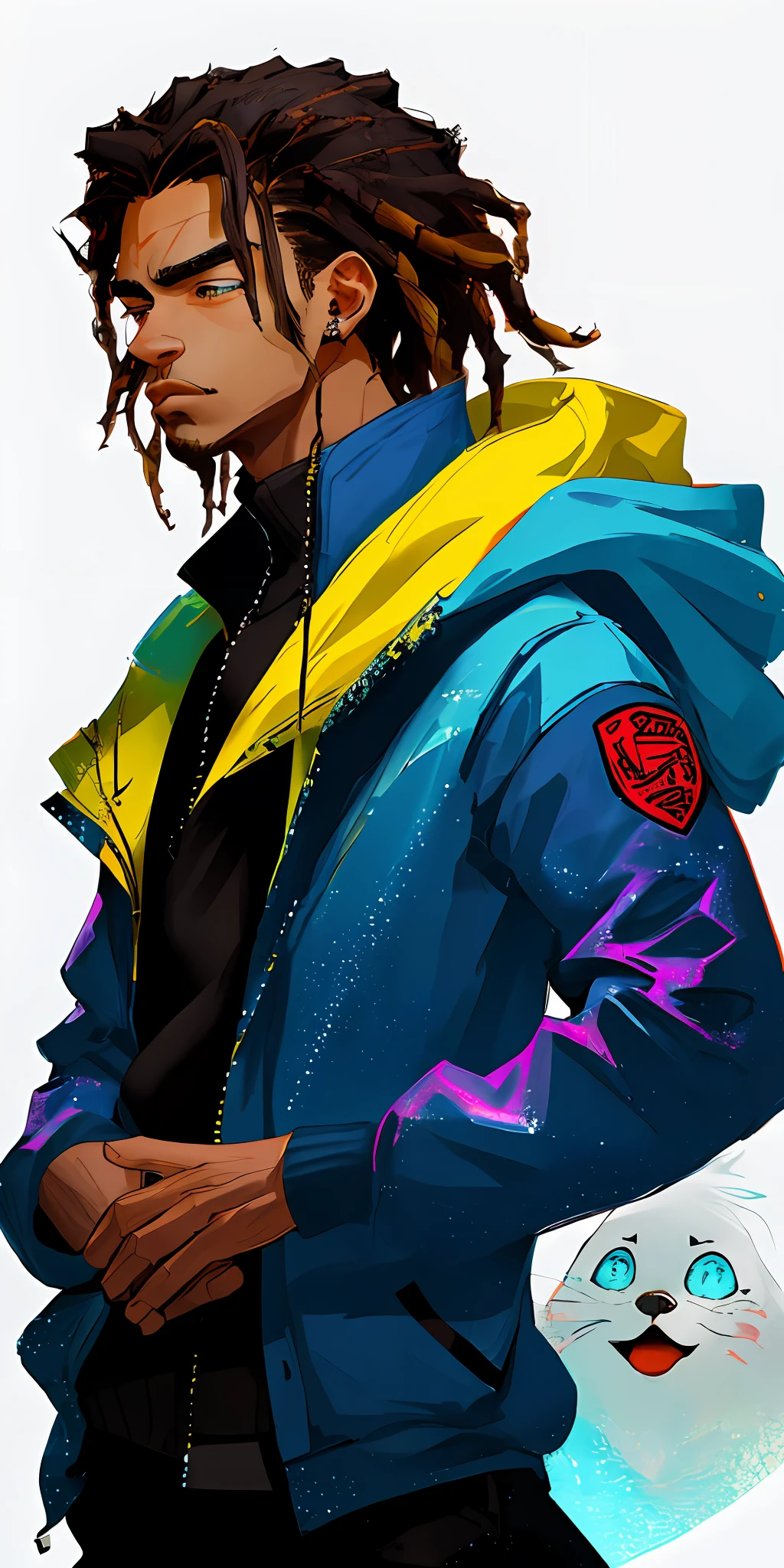 an incredibly handsome man, young male face, short haired black man with dreadlock, wearing a dark blue hooded coat, candid pose, in the rain, (front portrait: 1.5),(good proportions), vibrant colors, high quality, beautiful lighting, sharp and sharp image, nice and perfect face, highly detailed, well-drawn face features, good anatomy, good perspective, beautiful, masterpiece, holographic ghost background, Meybis Ruiz Cruz,