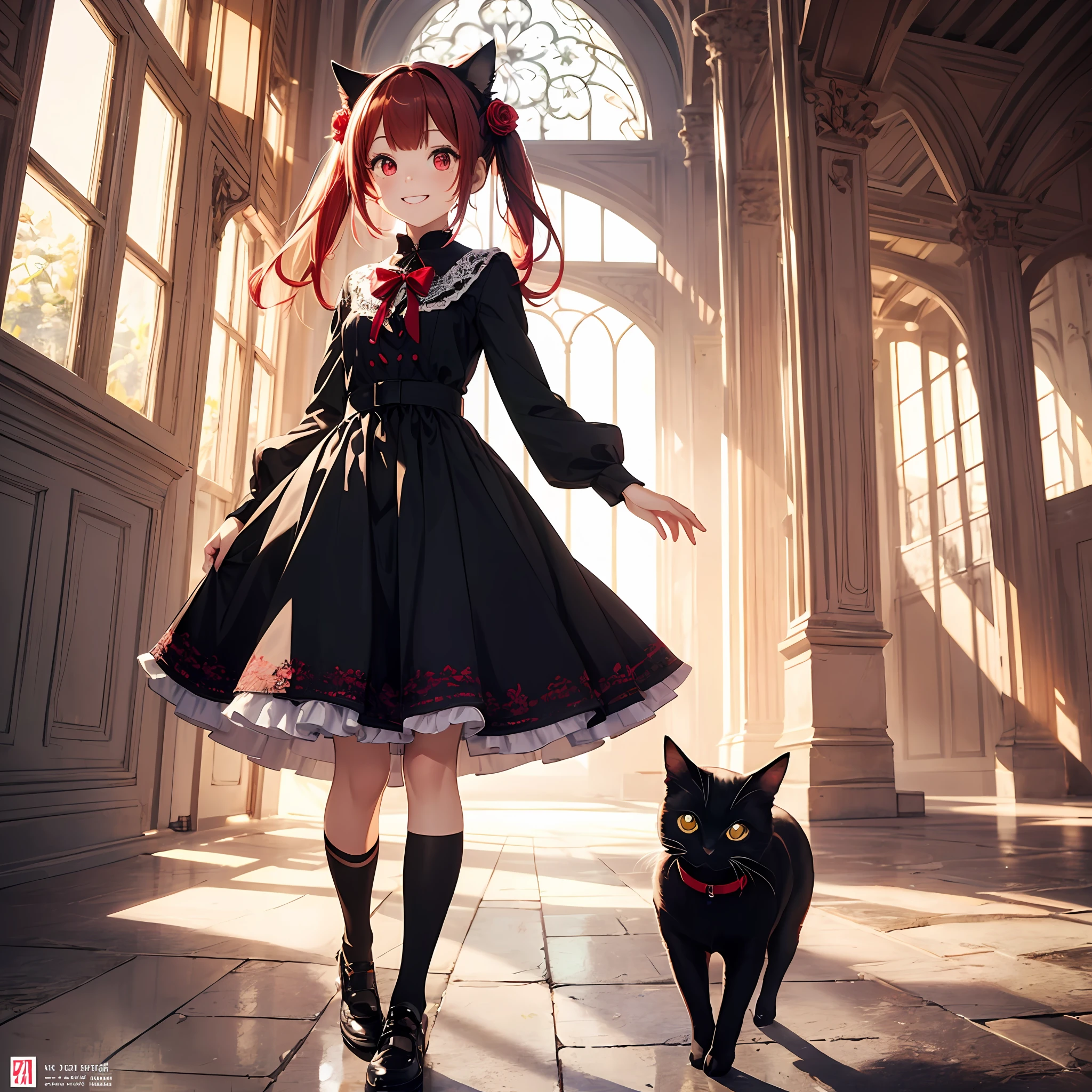 beautiful girl,red hair,lace clothes,2d illustration,goth ,half twin tails,knee high socks,super big,super cute,(best quality),full body ,(masterpiece),(super detailed),one,red eyes,short hair,bright,big eyes,divine,natural light,smile,black cat ears,rose,tsuri eyes --auto