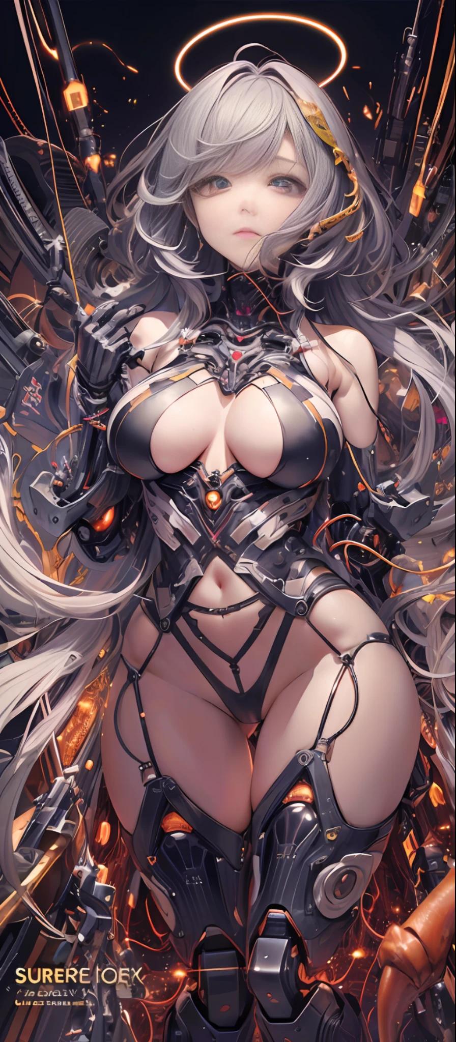 (Masterpiece, Top Quality, Best Quality, Official Art, Beautiful and Indulgent: 1.2), (1 Girl: 1.3), Very Detailed, Colorful, Supreme Details ((Super Detailed)), (Highly Detailed CG Illustration), (Very Delicate and Beautiful)), (Huge Robot Background), (Standing in front of the Machine), (From the Side), (Floating in the Air), (Full Body), Cinematic Light, (1 Robot Girl)), (Angel), (Halo), (Solo), (Open Legs), (mechanical joints: 1.2), ((mechanical limbs)), (blood vessels attached to tubes), (mechanical vertebrae attached to the back), (mechanical cervical vertebrae attached to the neck)), poker face, (wires and cables connected to the neck: 1.2), (wires and cables connected to the neck: 1.2), (character focus), (lower body integrated with organs), (camel hooves), (M legs), (lying down), (BDSM) (improved), (big breasts), (tits shake) (inserted a lot of tentacles) (shock), (gemstone), equipment man), (laser), (sexy pose), science fiction, reality, black background, (blood ,,,,,,,,,,,,: 1.5) huge, shock, , half, rubbing chest with hands, hand touch, shirtless, camel hooves, sexy pose, sexy clothing, sexy, , aesthetics, masterpiece, best quality, reality