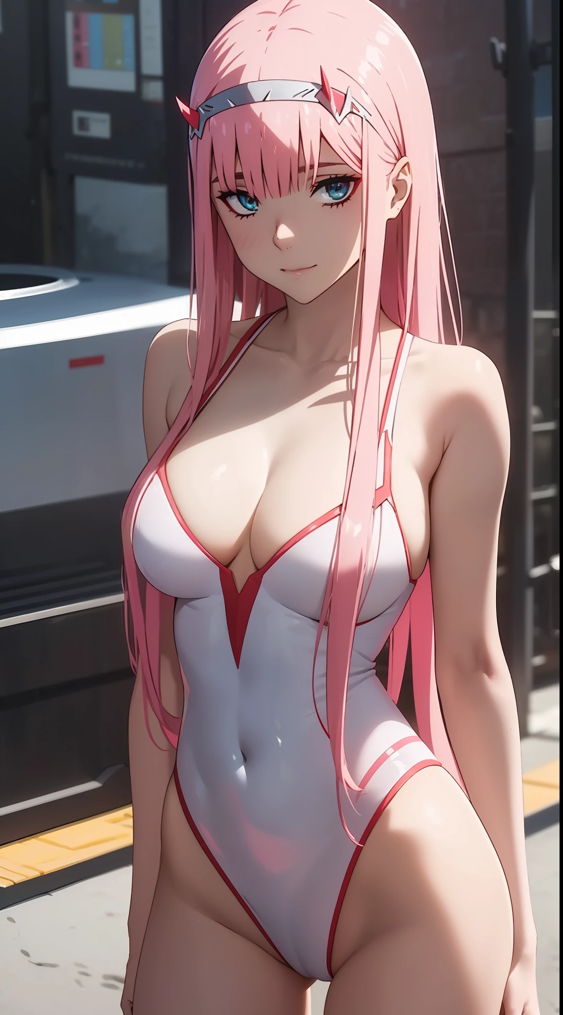 Zero Two\(Darling in the Franxx\), NSFW, Pink Hair, Long Hair, Tight Highleg Micro Swinsuit, Panties Side, (Glossy Skin:1.2), Standing, Looking Ay Viewer, Pov from Bellow