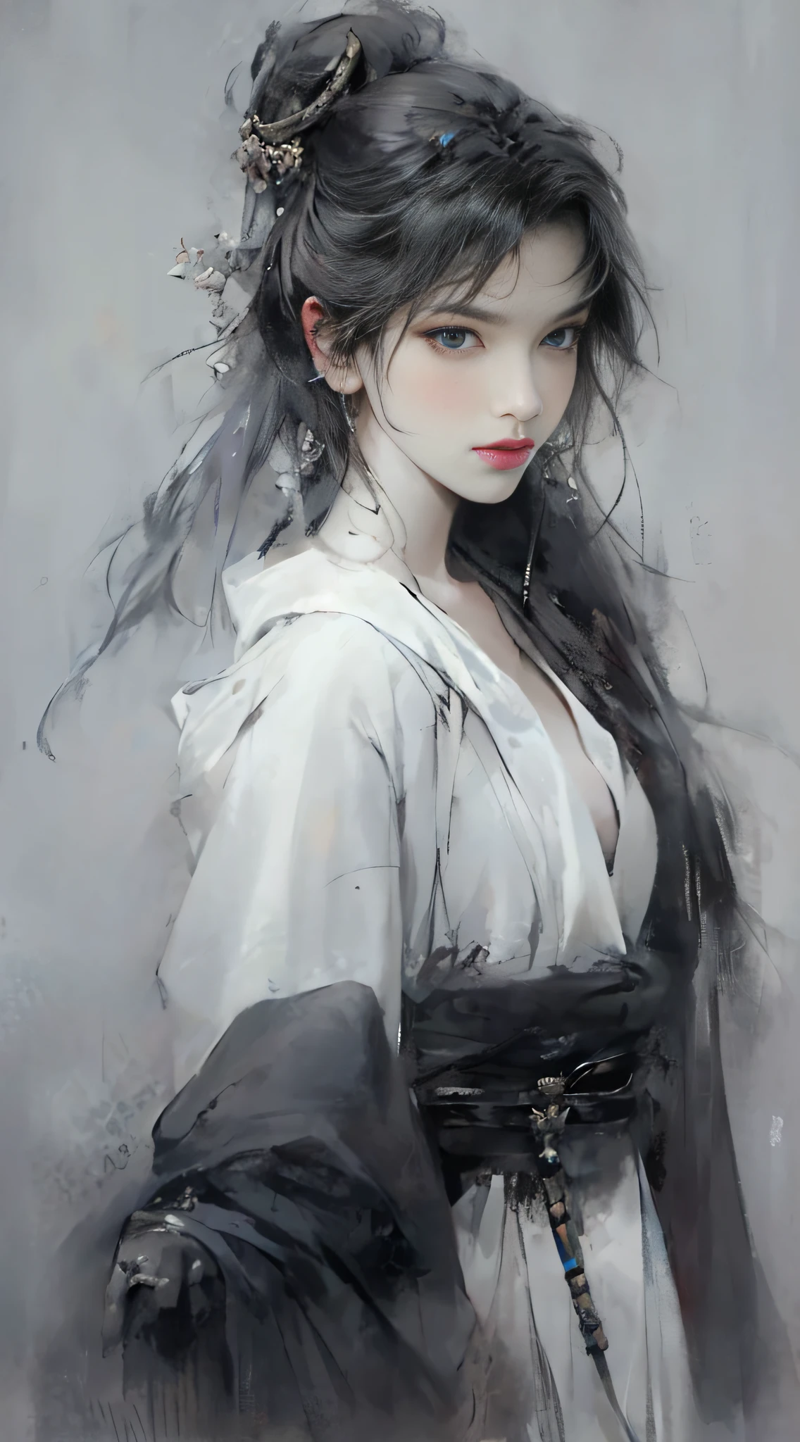 Close up of a woman with black hair, beautiful character painting, splashing ink, epic fine character art, amazing character art