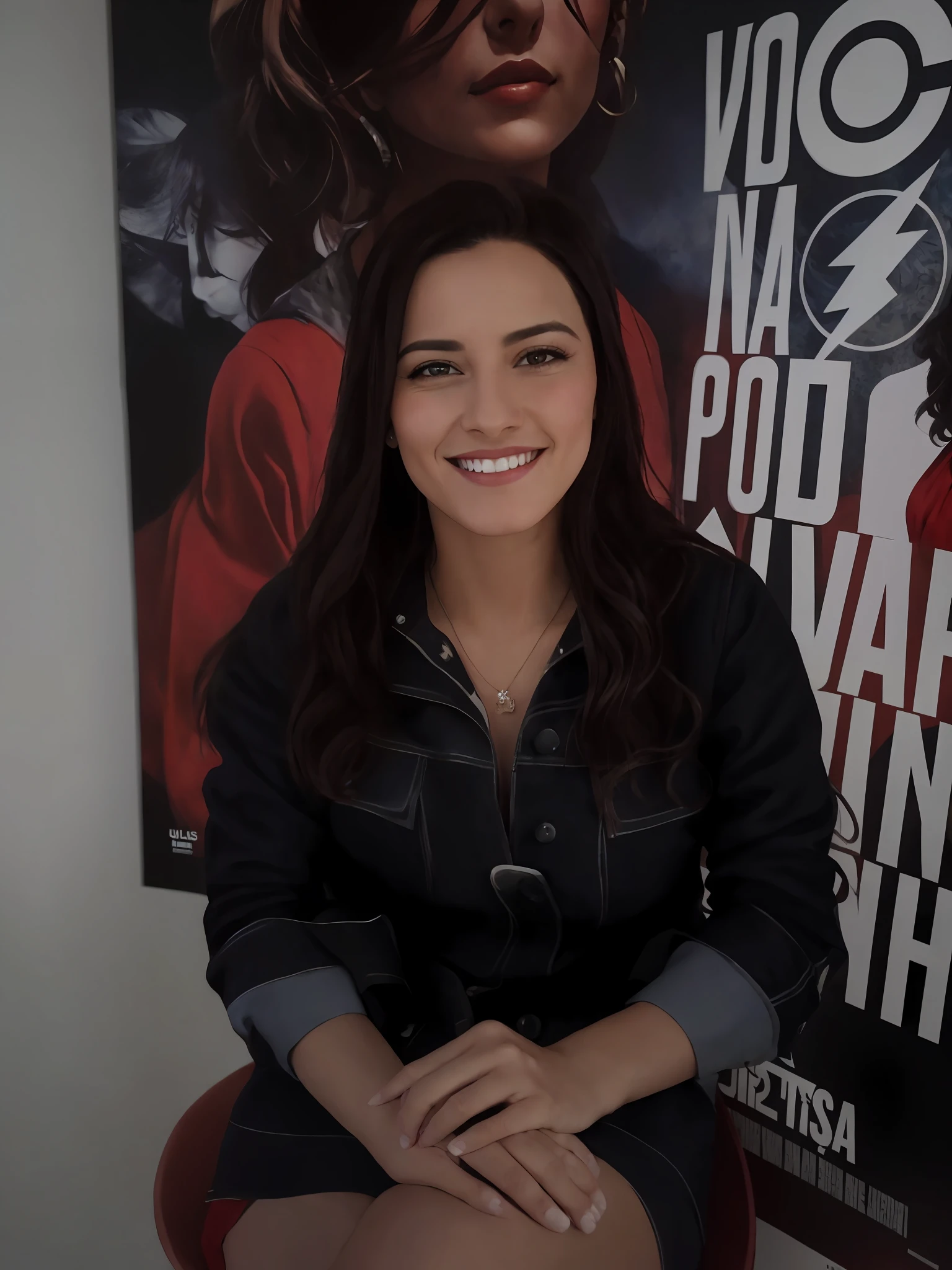 smiling woman sitting in front of a poster of a movie, valentina remenar, alanis guillen, by Amelia Peláez, fernanda suarez, profile image, lorena avarez, by Willian Murai, by Nándor Katona, julia fuentes, by Emma Ríos, adriana dxim, magda torres gurza