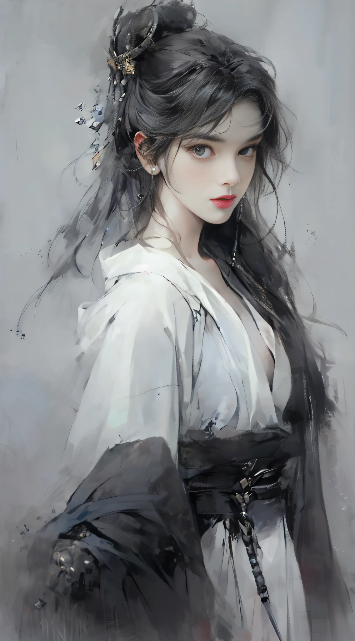 Close up of a woman with black hair, beautiful character painting, splashing ink, epic fine character art, amazing character art