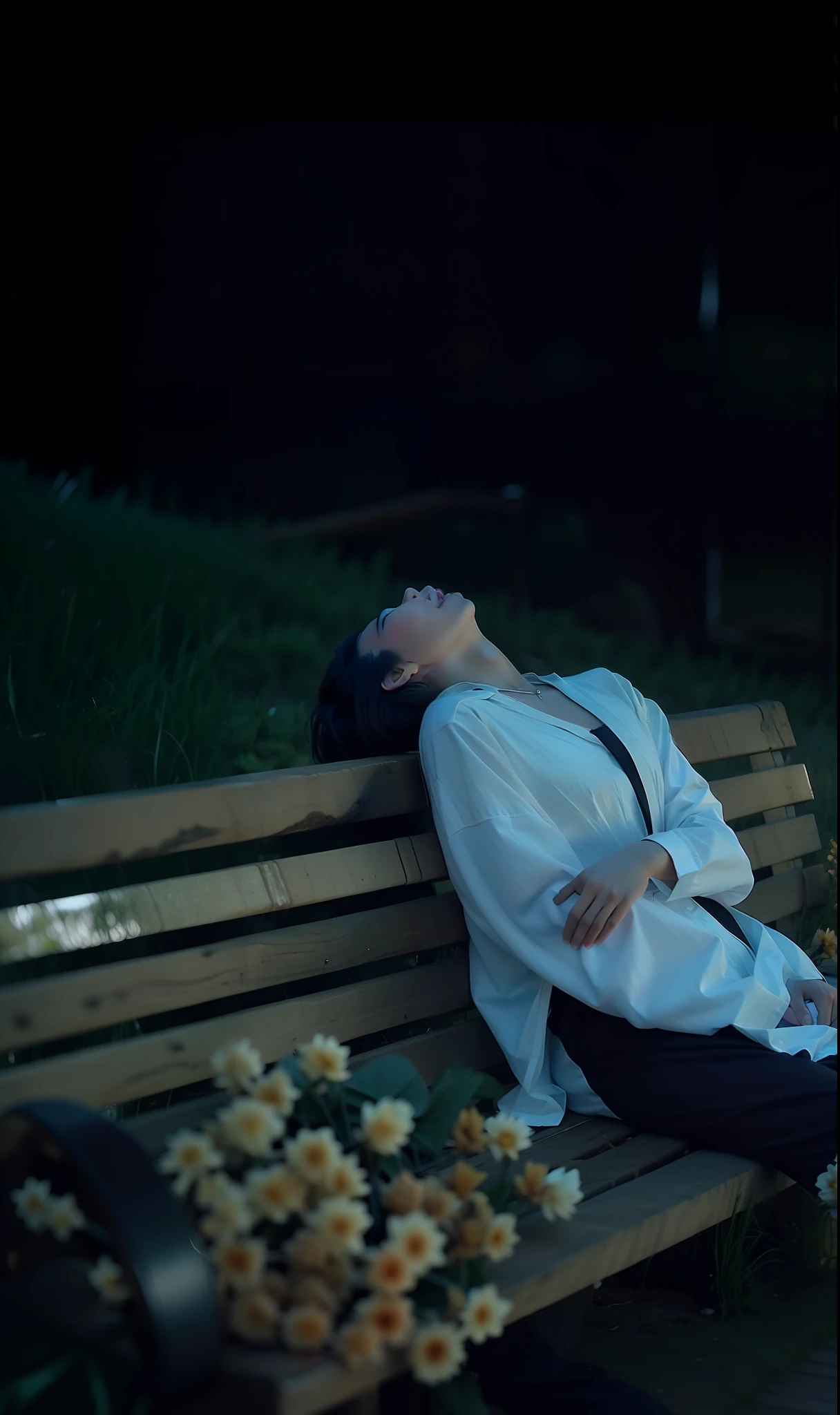 there is a man laying on a bench with flowers on it, movie still of a tired, still from a music video, still from a movie, cinematic shot ar 9:16 -n 6 -g, still frame from a movie, movie still frame, movie screencap, unconscious, screenshot from a movie, still from the movie, still from the film