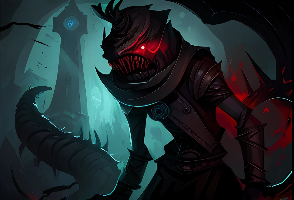 illustration of a demon with a large mouth and sharp teeth, nocturne from league of legends, background artwork, an ominous fantasy illustration, background art, the grim reapper, darkest dungeon art style, great corrupter, minion as a darksouls boss, dark concept art, stylized concept art, cultist, concept art, concept art, the reaper as a scary