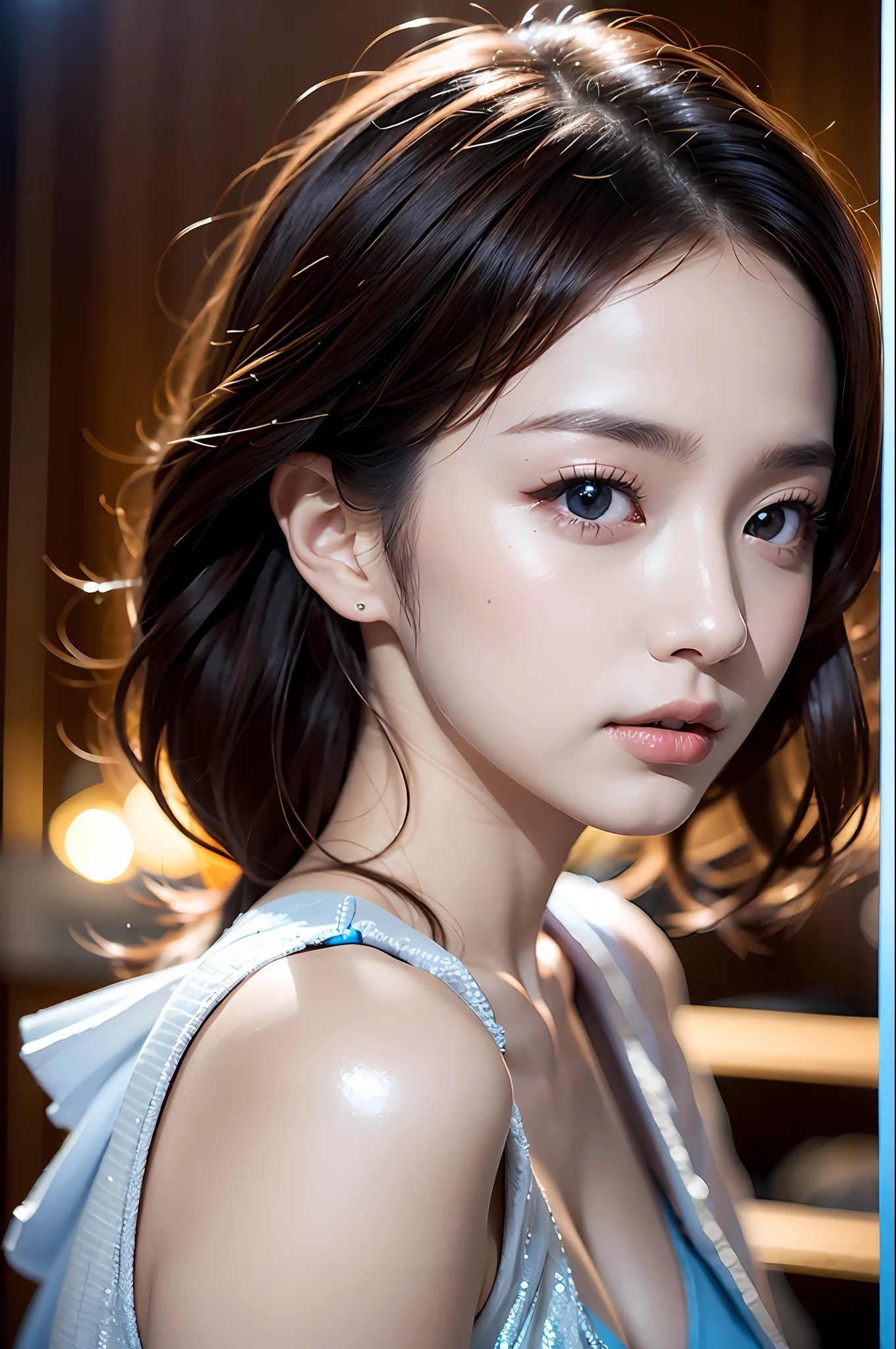 Best Quality, Masterpiece,(Intricate Details: 1.0),Realistic,One Girl,(Shiny Skin: 1.1),Makeup artist working on actor's face under bright lighting in glamorous dressing room.realistic photo, professional color grading, 8K, F1.4, 80mm. , (Viewer: 1.3),Makeup, 18 years old, Nogizaka Idol, Actress, Korean Idol, Gravure Idol