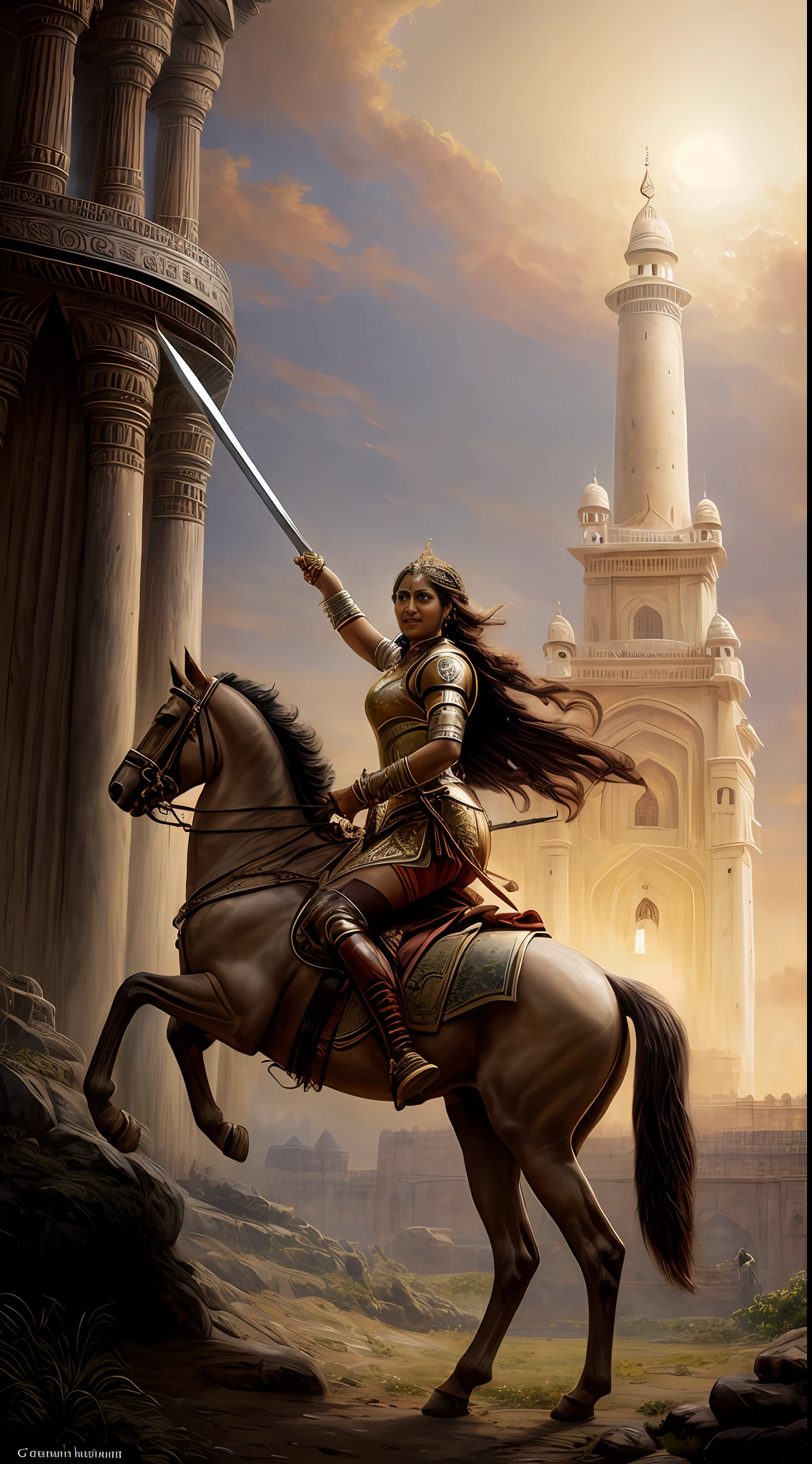 {"answer": "realistic picture of warrior queen Rani Abbakka Chowta, triumphantly raising her sword after a victory, 16th-century, india, battlefield setting, realistic art by Gaston Bussiere and Greg Rutkowski"}