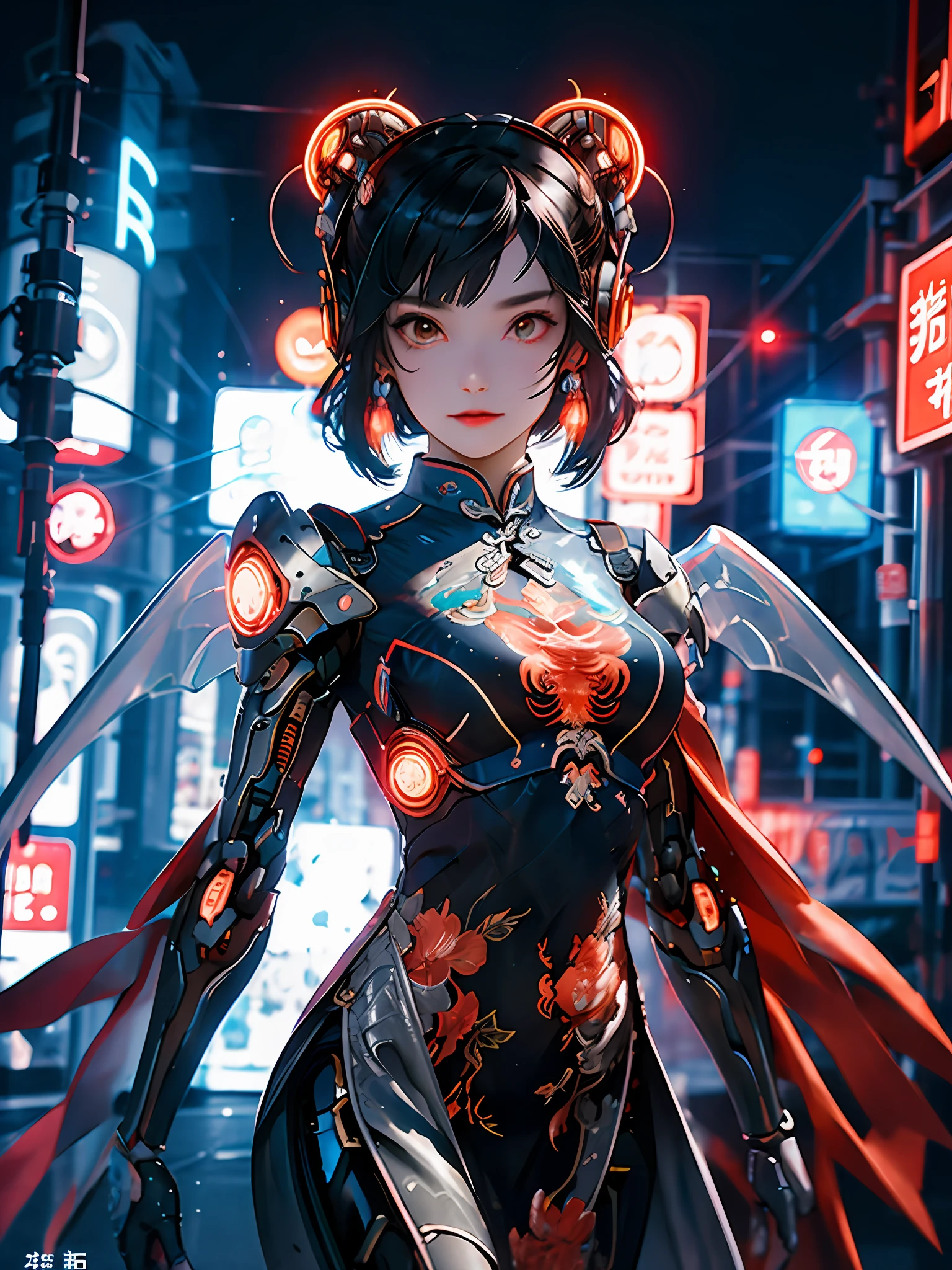 1 girls, Chinese_clothes, metallic titanium and red, cyberhansam, cheongsam, cyberpunk city, dynamic pose, detailed luminescent headphones, glowing hair accessories, long hair, glowing earrings, glowing necklace, cyberpunk, high-tech city, full of mechanical and futuristic elements, futurism, technology, glowing neon, orange, orange light, fluorescent orange, skirt, cape, coat, laser, digital background, urban sky, big moon, with vehicle, best quality, masterpiece, 8K, Character edge light, super high detail, high quality, the most beautiful woman in human beings, slight smile, face facing front and left and right symmetry, ear decoration, beautiful pupils, light effects, visual data, pick and dye orange, dye hair, super detail facial texture, happy and proud, weapon system, mecha style, crowded street passers-by, mechanical wings, super light and shadow