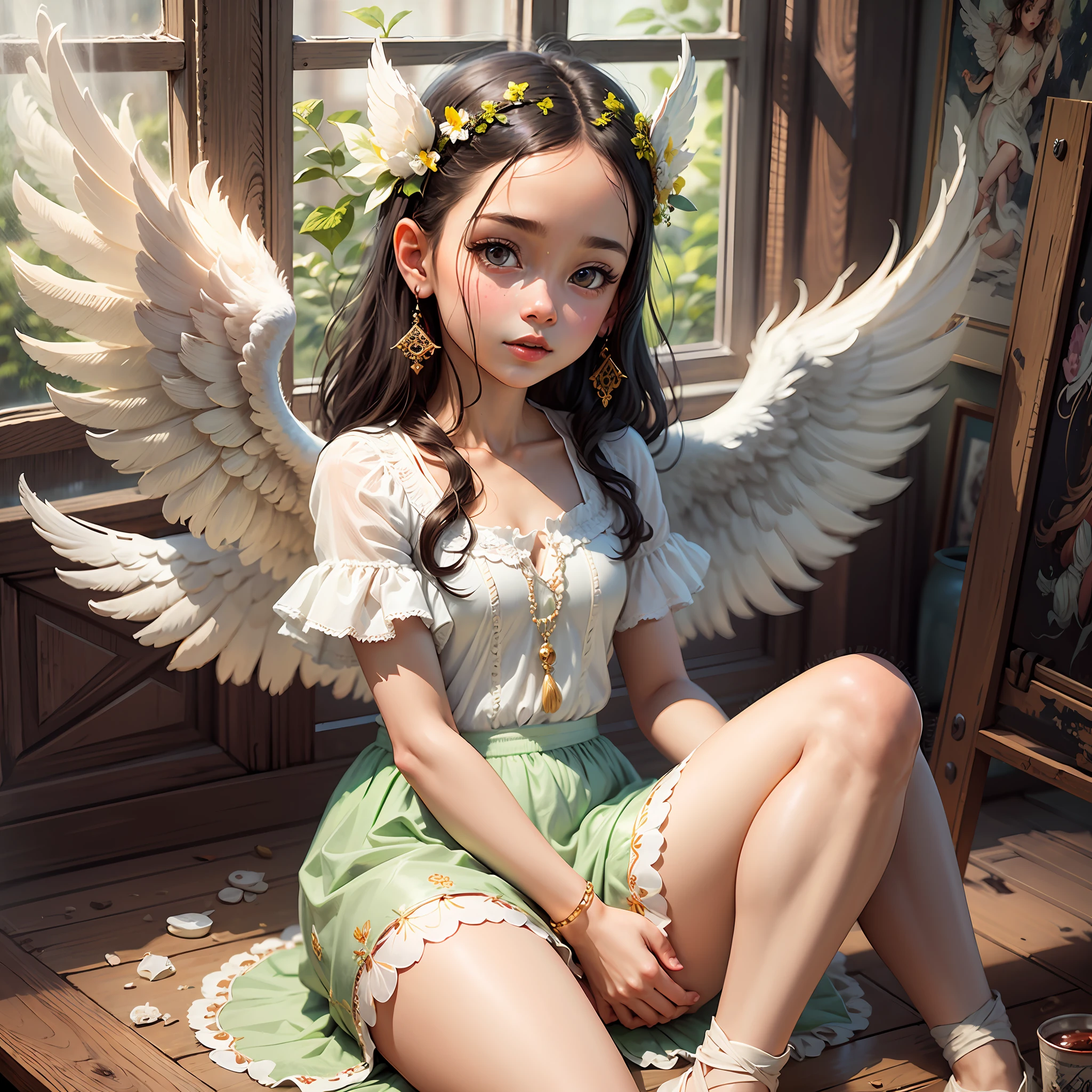 painting of a with angel wings sitting on a cloud, beautiful angel, of beautiful angel, of an beautiful angel girl, portrait of a beautiful angel, angel girl, adorable digital painting, beautiful angel girl portrait, angel, angel-themed, cherub, full of paintings of angels, angelic face, angelical, angel face, beautiful female angel, angels --auto --s2