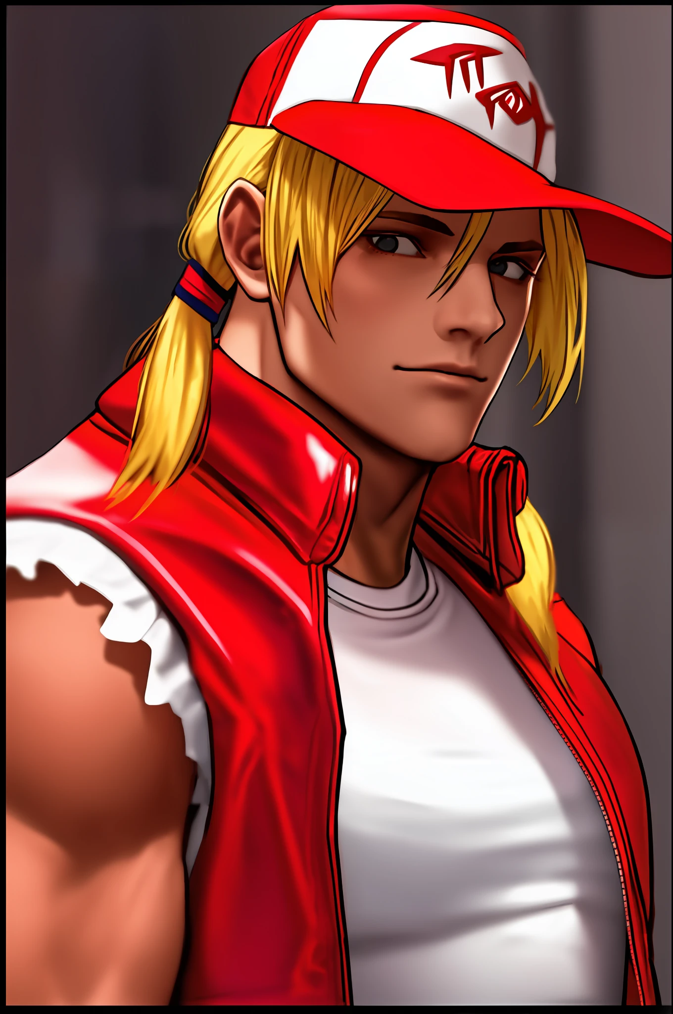 TerryBogard , arcane style, 1guy, solo, letterboxed, blurry background, medium shot portrait, ((masterpiece)) (red trucker cap), (red sleeveless jacket), (white t-shirt), (blonde ponytail)