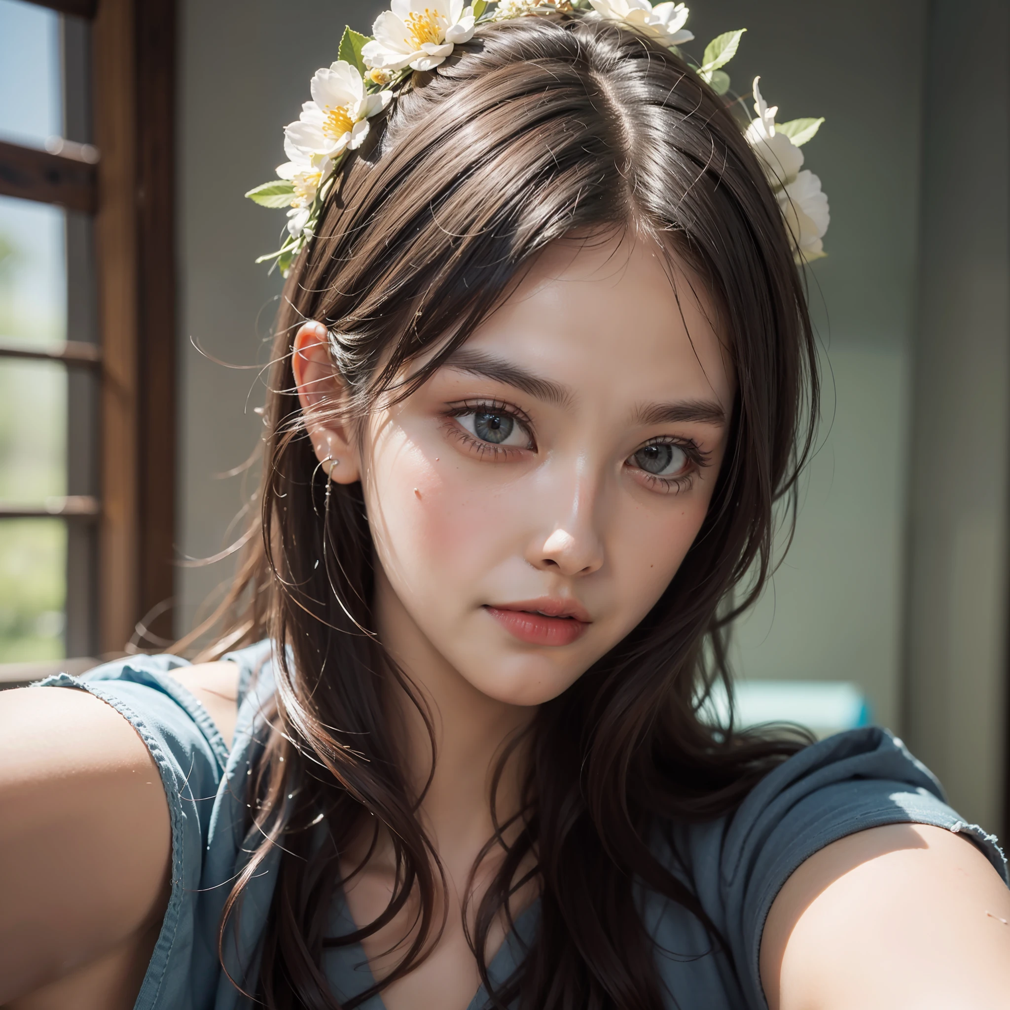 8K, Best Quality, Masterpiece, Ultra High Resolution, (Realism: 1.4), Original Photo, (Realistic Skin Texture: 1.3), (Film Grain: 1.3), (Selfie Angle), 1 Girl, Beautiful Eyes and Face Details, Masterpiece, Best Quality, Close-up, Upper Body, Looking at the Viewer