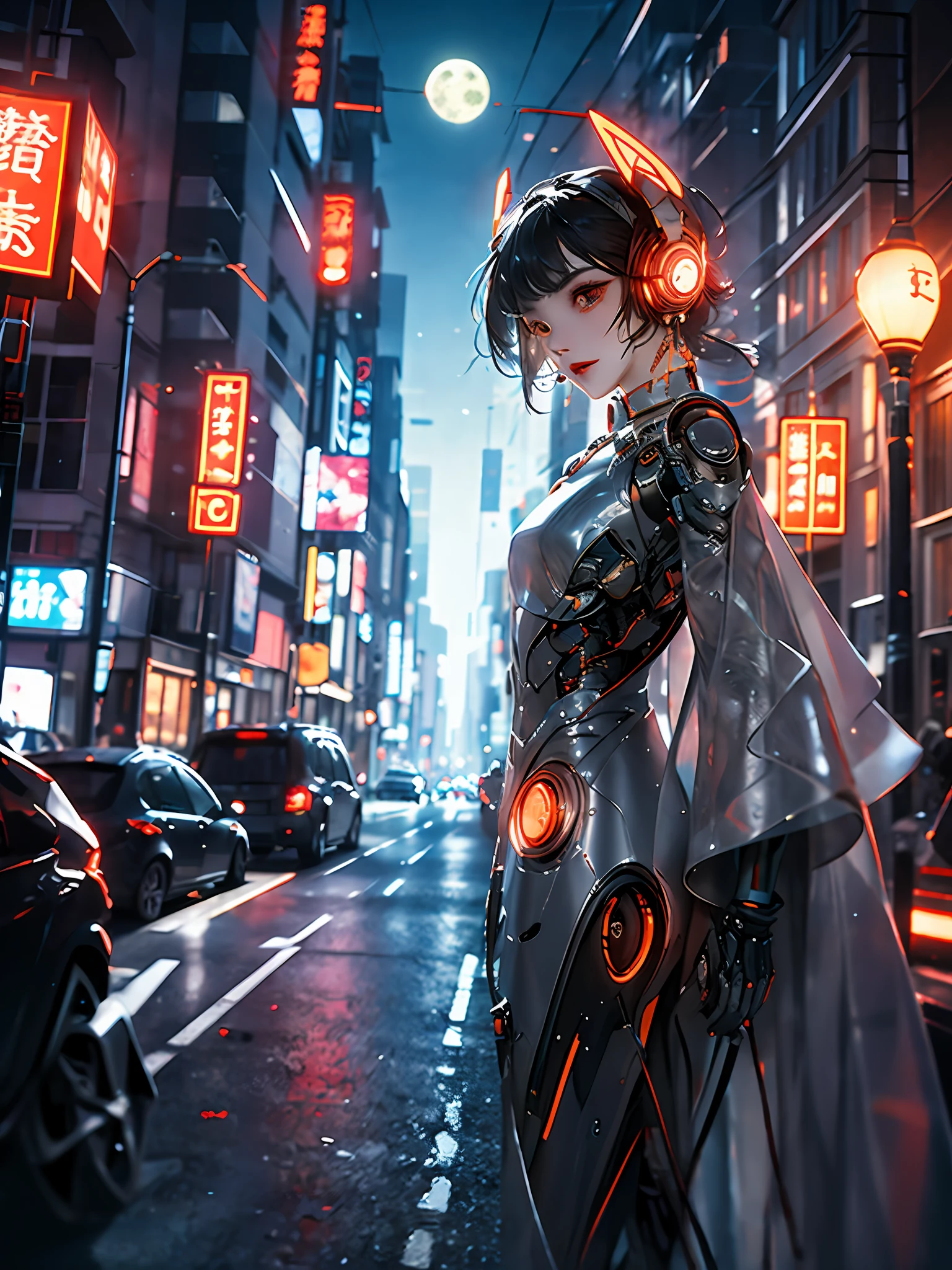 1 girl, Chinese_clothes, metallic black titanium and orange, cyberhan, cheongsam, cyberpunk city, dynamic pose, detailed luminous headphones, glowing hair accessories, long hair, luminous earrings, glowing necklace, cyberpunk, high-tech city, full of mechanical and futuristic elements, futurism, technology, glowing neon, orange, orange light, fluorescent orange, skirt, cape, coat, laser, digital background, urban sky, big moon, with vehicle, best quality, masterpiece, 8K, Character edge light, super high detail, high quality, the most beautiful woman in human beings, slight smile, face facing front and left and right symmetry, ear decoration, beautiful pupils, light effects, visual data, pick and dye orange, dye hair, super detail facial texture, happy and proud, weapon system, mecha style, crowded street passers-by, mechanical wings, super light and shadow