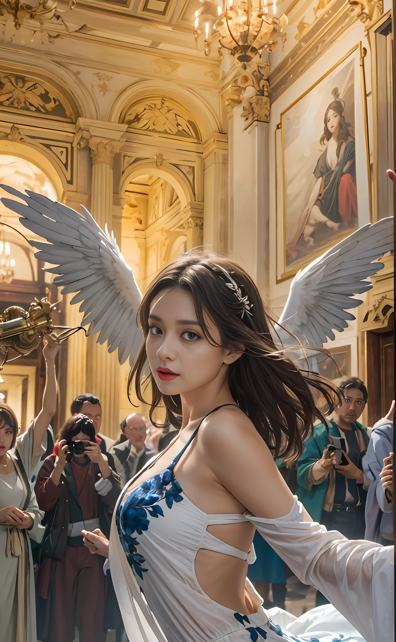 Model shooting style, (extremely detailed CG Unity 8k wallpaper), full-shot body photo of the most beautiful artwork in the world, stunning beautiful photo realistic available, super realistic super detailed photo, a beautiful girl as a female dancer entering the Loggia dei Lanzi of Florence,complex dress, banquet, crowd, [slight smile], (Sculpture of Hercules background), (princess eyes, shining pupils), detailed symmetrical beautiful hazel eyes, detailed gorgeous face, highly detailed, Vibrant, professional majestic oil painting by Ed Blinkey, Atey Ghailan, Studio Ghibli, Jeremy Mann, Greg Manchess, Antonio Moro, ArtStation Trends, CGSociety Trends, Complex, High Detail, Sharp Focus, Dramatic, Realistic Painting Art, by Midjourney and Greg Written by Rutkowski