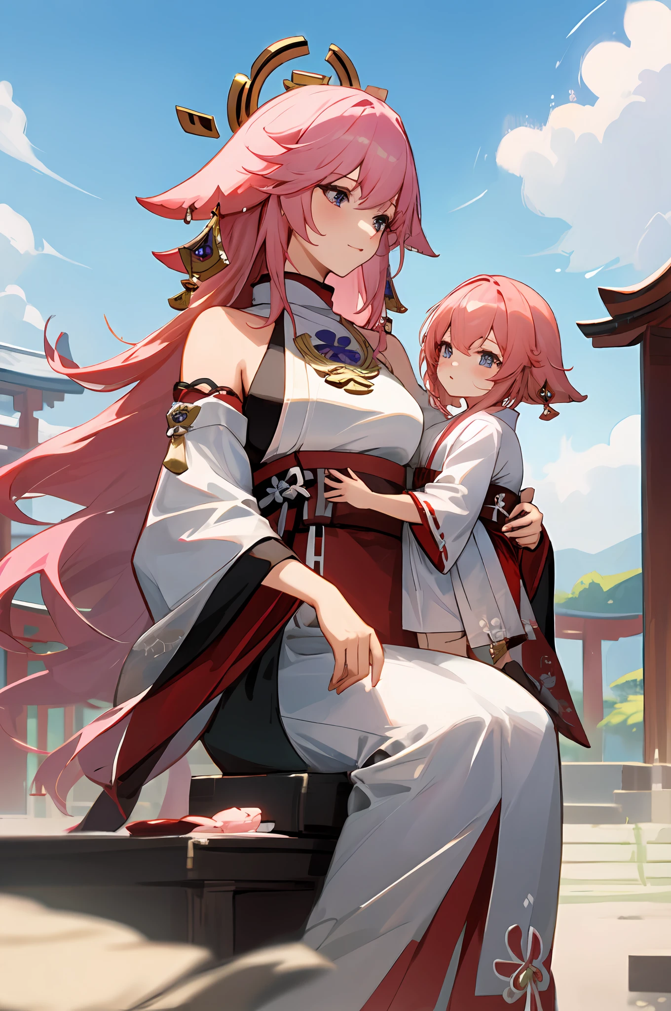 anime image of two women dressed in traditional japanese clothing in japanese shrine, palace  a girl in hanfu, wlop and sakimichan, pink haired deity, characters from azur lane, anime fantasy illustration, from the azur lane videogame, genshin, artwork in the style of guweiz, miko detailed art, two beautiful anime girls, pink hair, mother and child, pray at the shrine, sitting in the temple, pray