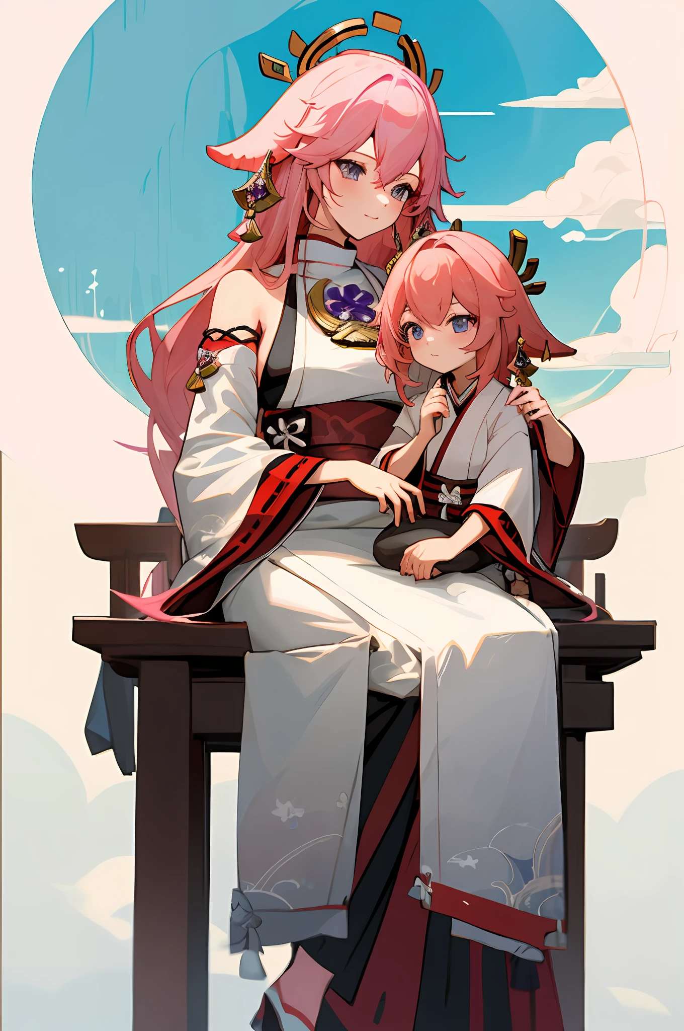anime image of two women dressed in traditional japanese clothing in japanese shrine, palace a girl in hanfu, wlop and sakimichan, pink haired deity, characters from azur lane, anime fantasy illustration, from the azur lane videogame, genshin, artwork in the style of guweiz, miko detailed art, two beautiful anime girls, pink hair, mother and child, pray at the shrine, sitting in the temple, pray