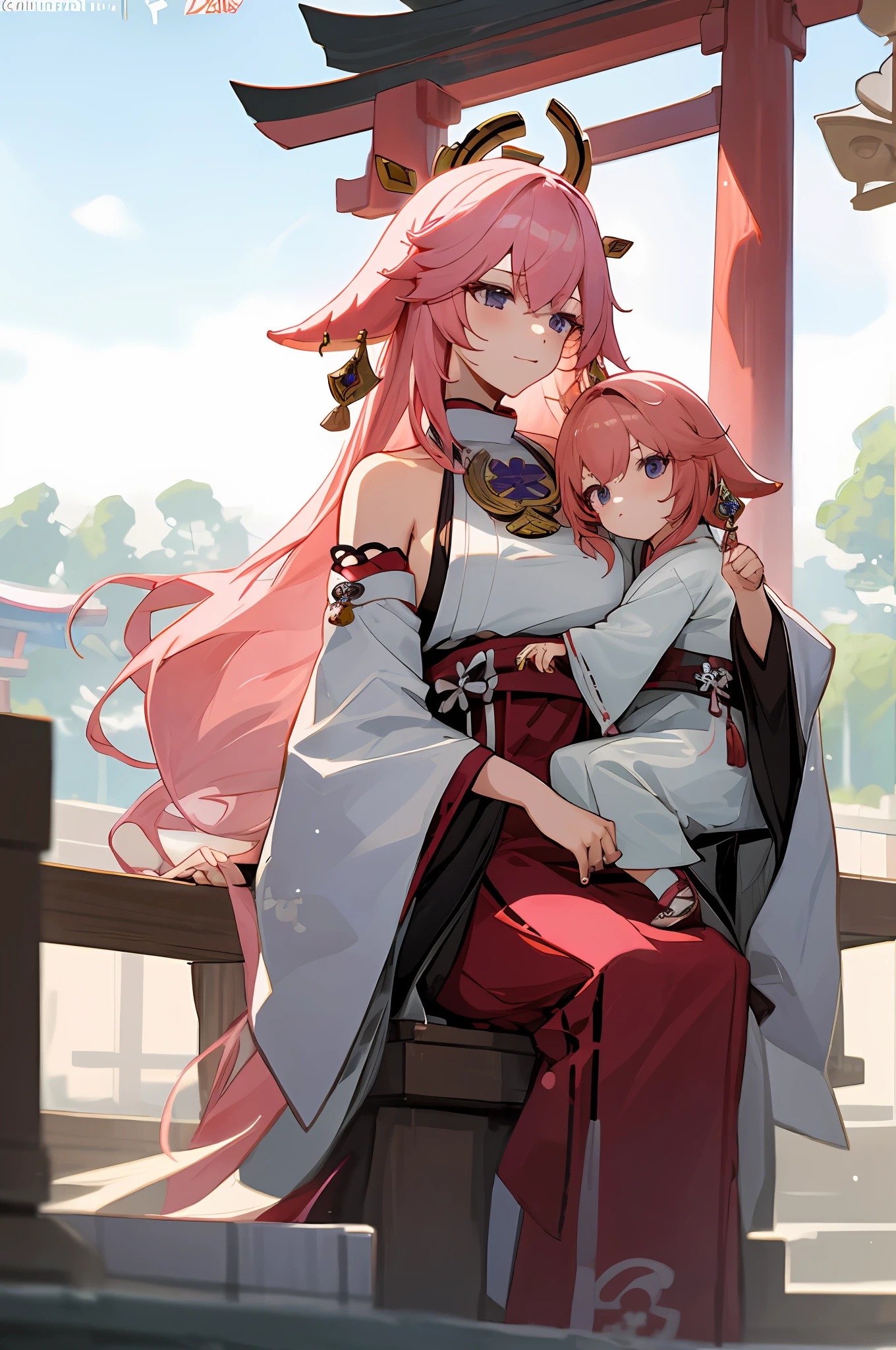 anime image of two women dressed in traditional japanese clothing in japanese shrine, palace a girl in hanfu, wlop and sakimichan, pink haired deity, characters from azur lane, anime fantasy illustration, from the azur lane videogame, genshin, artwork in the style of guweiz, miko detailed art, two beautiful anime girls, pink hair, mother and child, pray at the shrine, sitting in the temple, pray