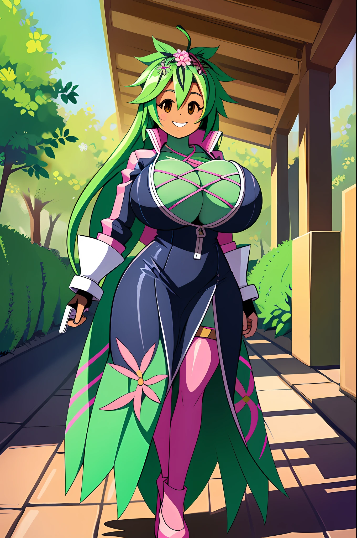 Kanna Blaster Master, floral fauna, female, fully clothed), toon, huge breast, smile, green hair, long dress, full body