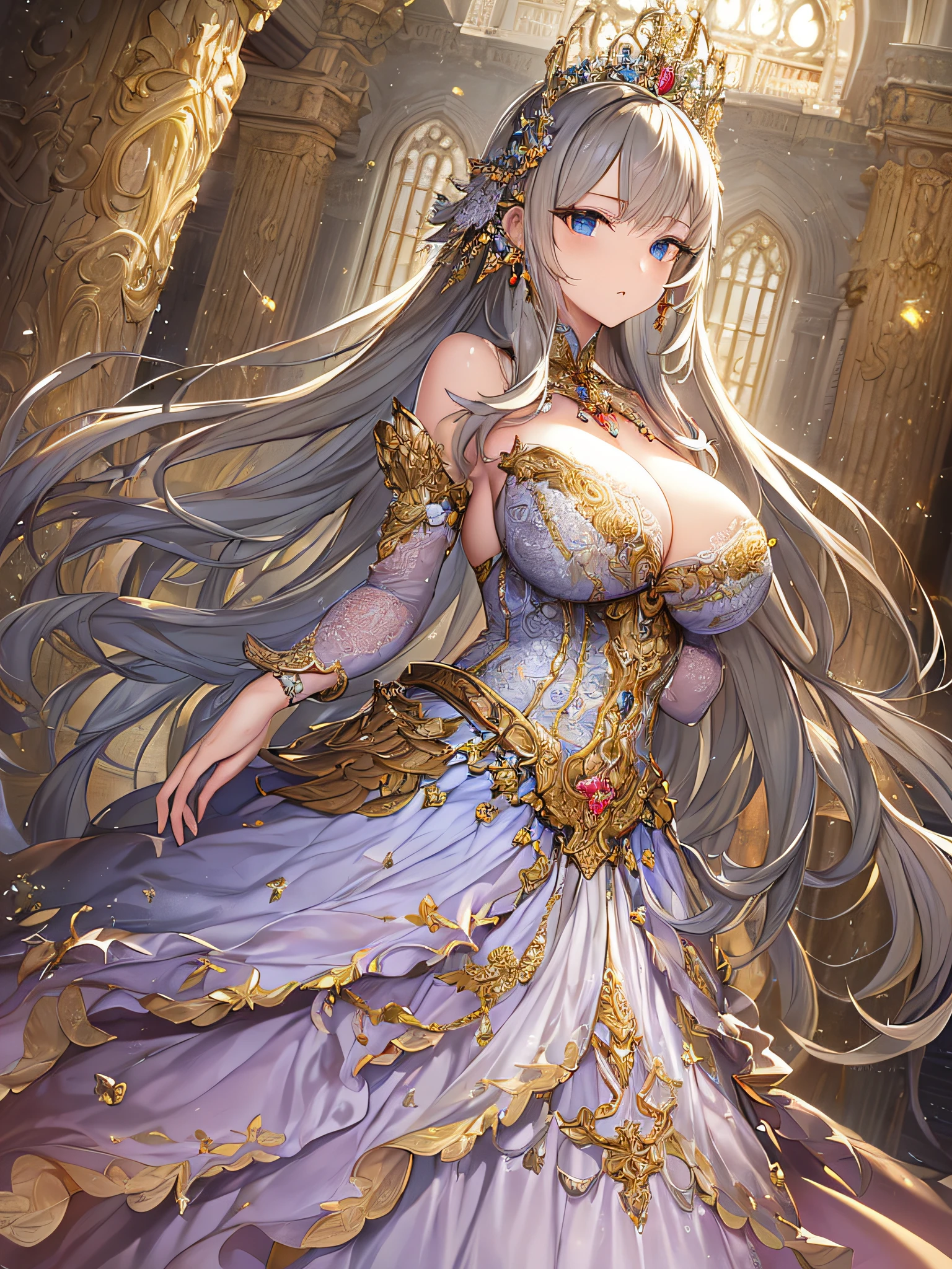 ((anime artstyle)),(Masterpiece),(Best Quality), (Super Detail),Illustration,((Very Delicate and Beautiful)),Focus on character,Dynamic Angle,Looking at viewer,((Solo)),standing,(((full body))),((one noble princess in gorgeous ball gown with voluminous skirt)),detailed face and eyes,jewel-like eyes,((Very Long voluminous Hair)),gorgeous embroidery and lace,See-through,ornate ruffles,Gorgeous jewelry ornaments,luxury hair ornament,luxury hair ornament,luxury tiara with jewels,(gigantic breasts,Long breasts),((gorgeous ball gown with voluminous skirt)),full body