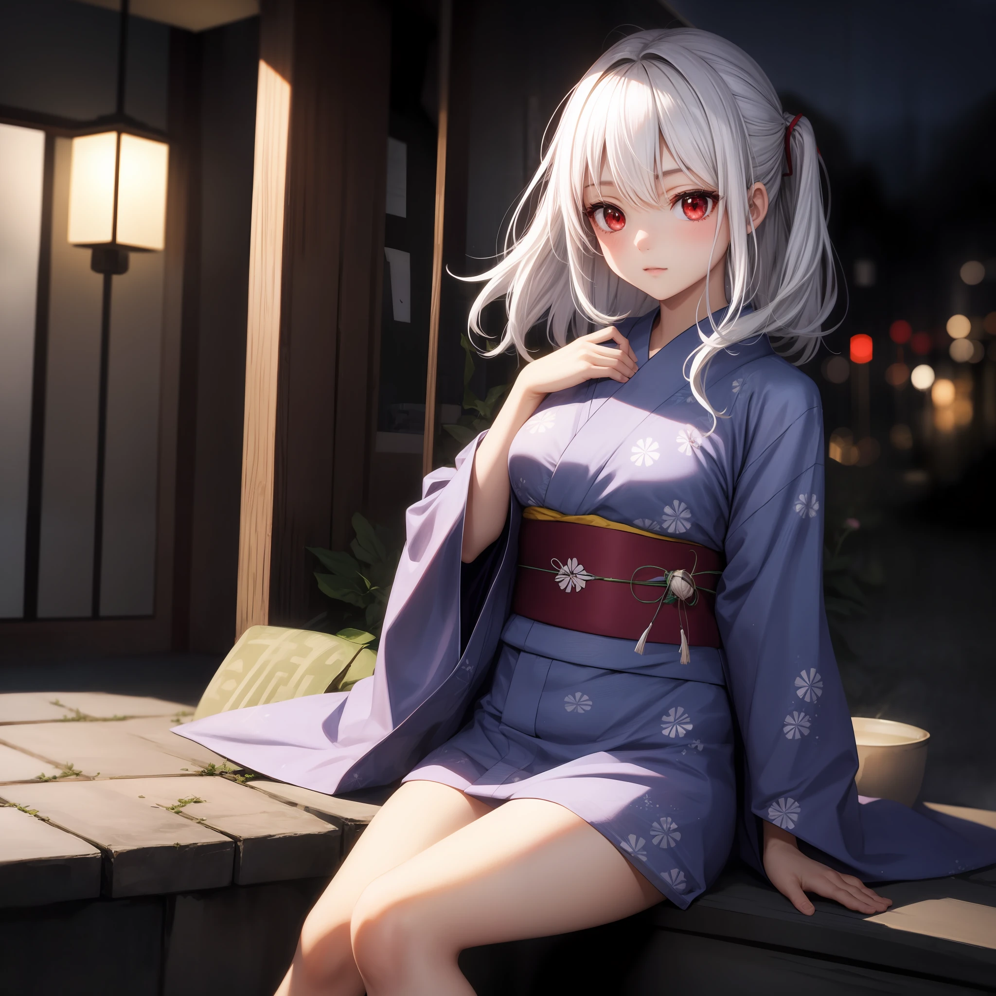White hair, red eyes, 1girl, yukata