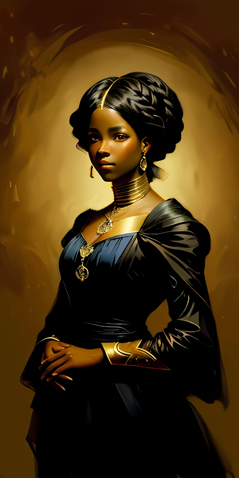 1girl, a black woman, Brazilian, oil painting, John Singer Sargent, Chiaroscuro, J.C Leyendecker, digital art, classical art, deep dark shadows, cinematic lighting, black-skinned girl, African hairstyle, Renaissance style (SevenWonders:1)