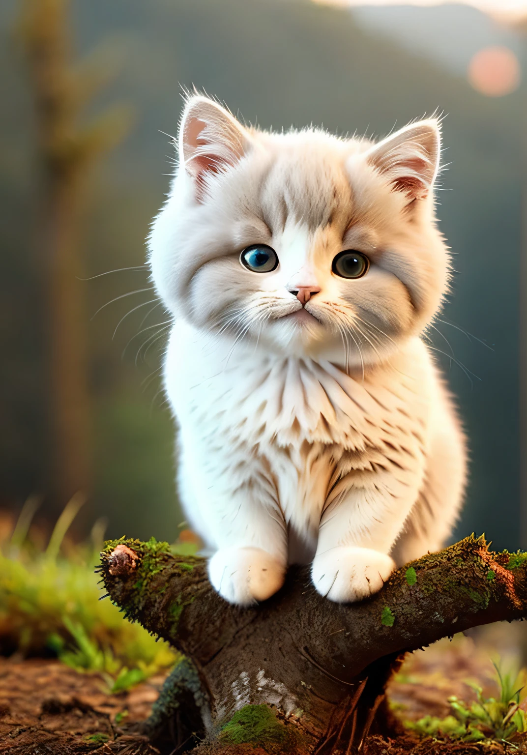 A fluffy cat sits near the roots of a tree on the side of a mountain
