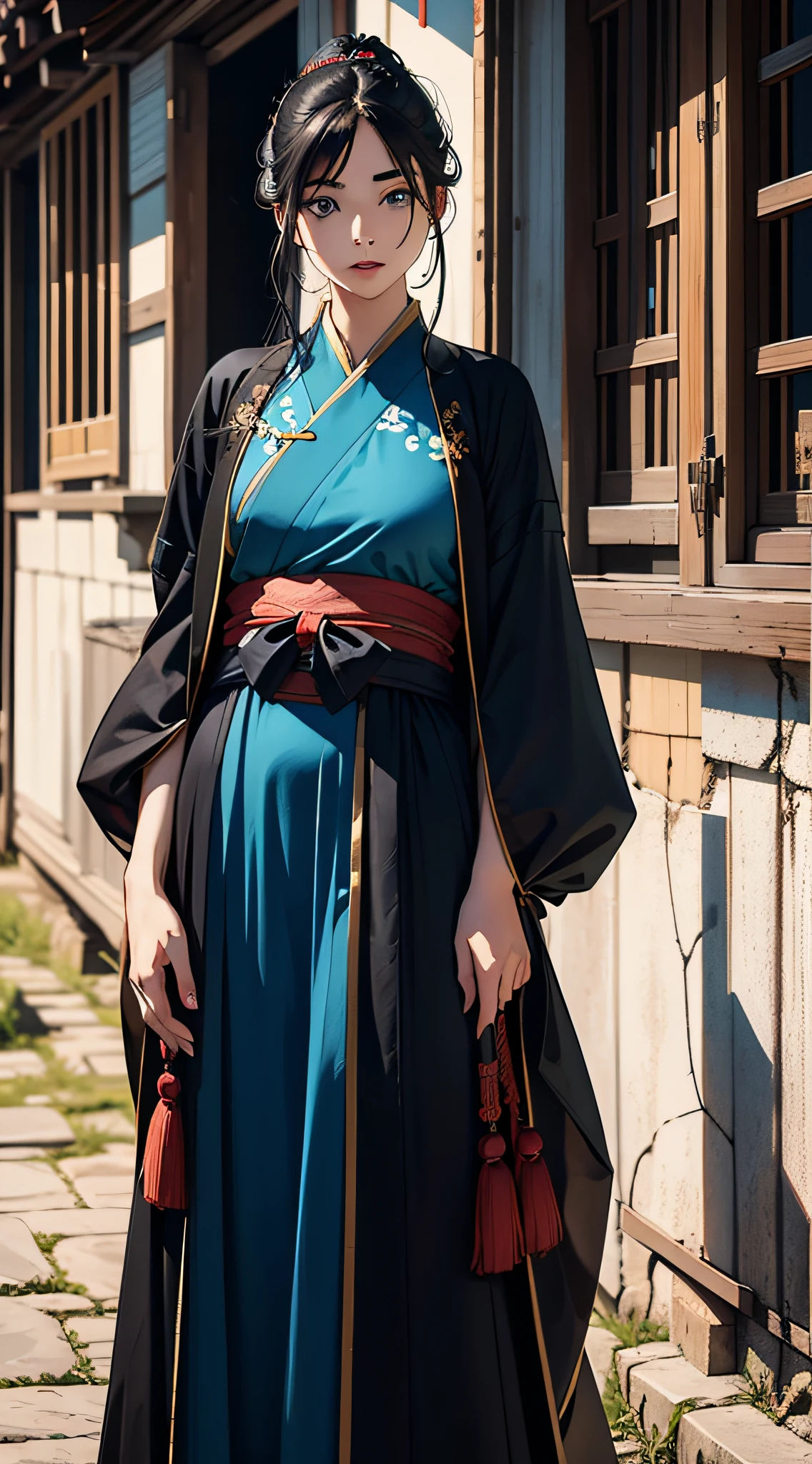 Masterpiece, best quality, (Realisticity: 1.9), Beautiful ancient Chinese rural vintage house, (very detailed CG unified 4k fhd wallpaper), realistic, high detail, clear focus, dramatic outdoors, 1 young beautiful girl in antique Hanfu, a young man in antique Hanfu, an elderly couple in antique Hanfu, rustic, period costume, long hair, blue eyes, black hair,