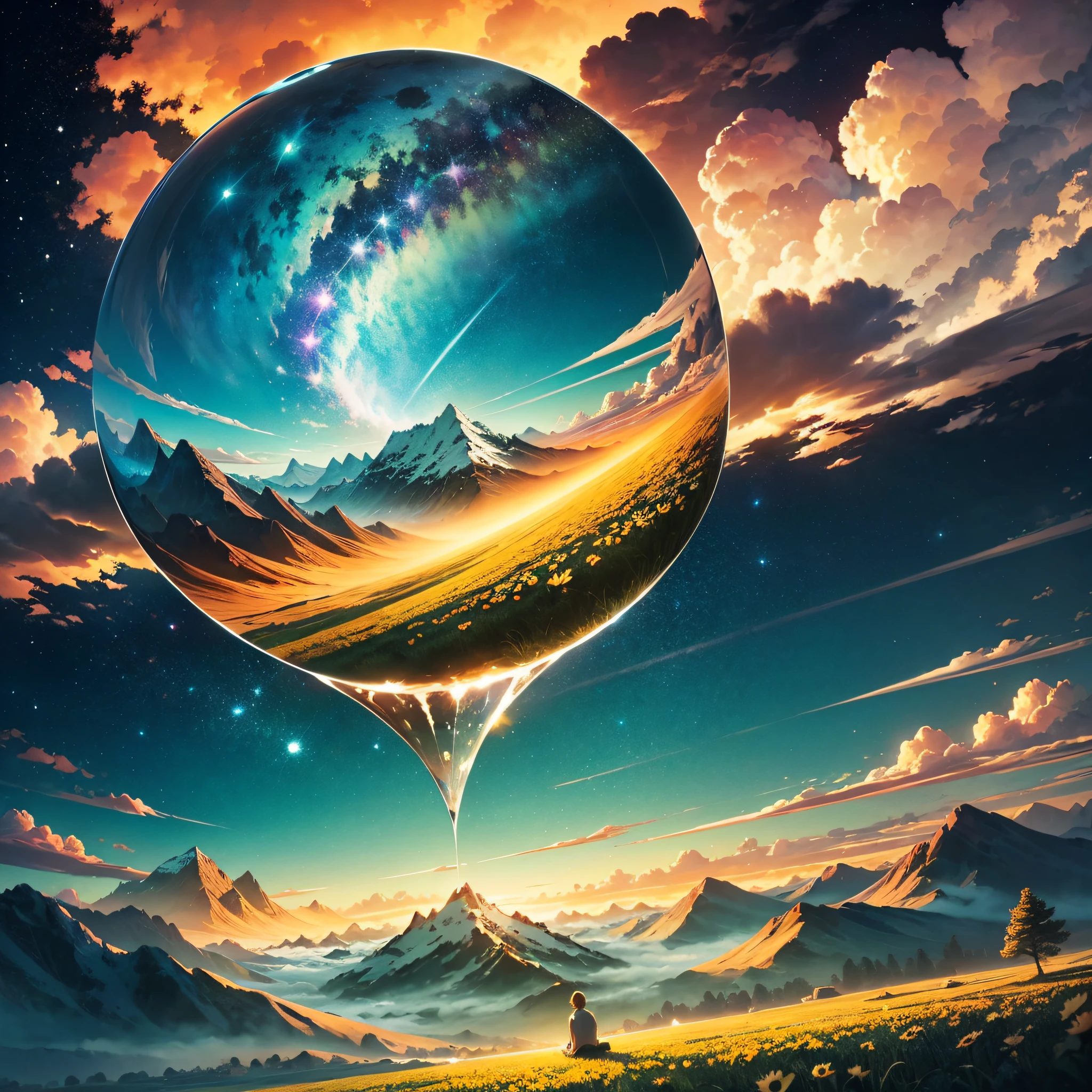 A giant mirror sphere floating in space, flickering lights, sad hamster lost (heaven like green fields surrounded by high mountains and clouds:1.3), particles in the air, god rays, stars in the background, intricate fractals, detailed, (illustration), masterpiece, high resolution, best quality. --auto