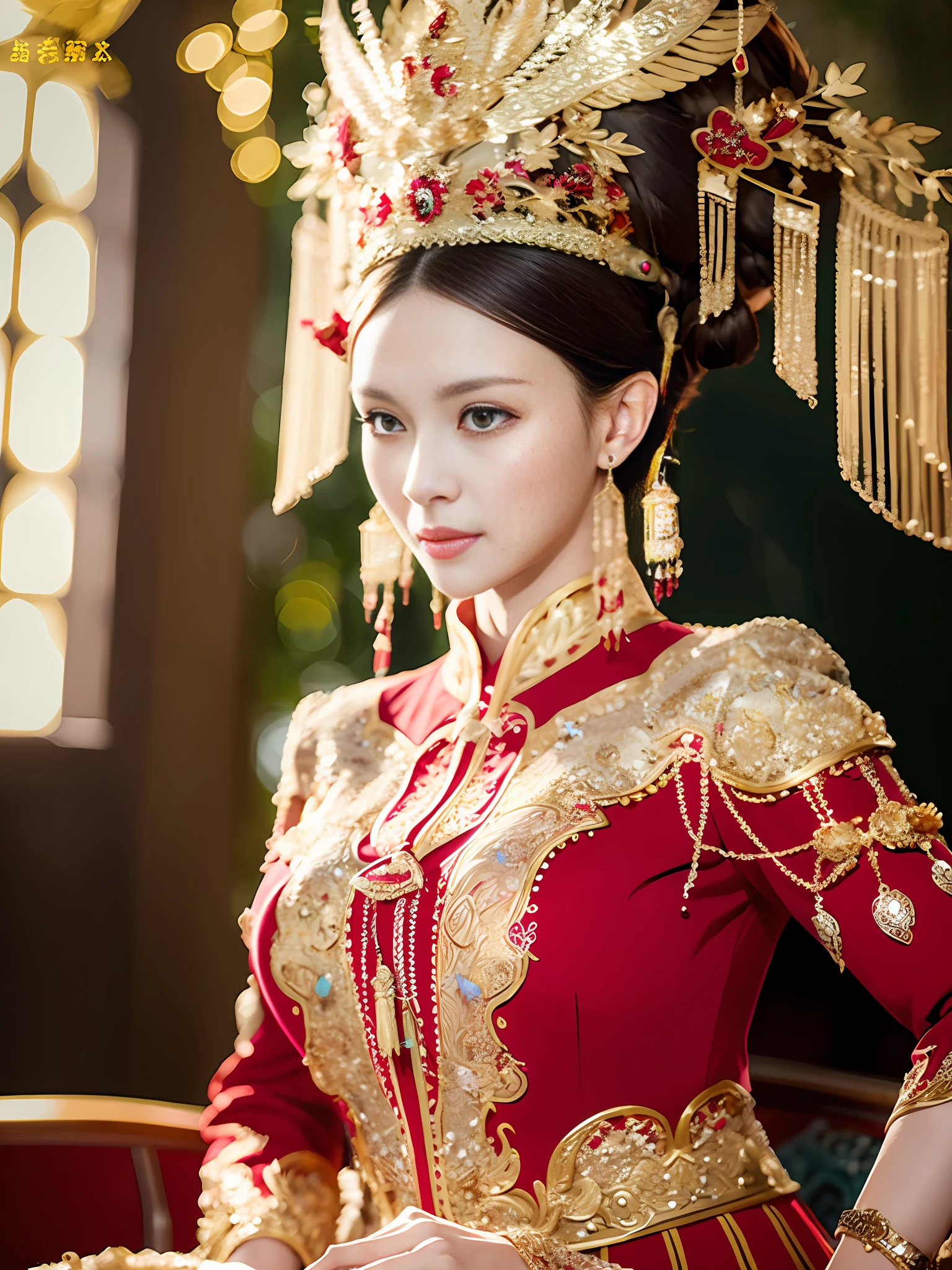 best quality,masterpiece, detailed,intricate details,photorealistic, cinematic lighting,(fantasy art:1.6), (seiza:1.1), (frontal:1.2), upright,royal, majestic, queen, empress,(Huge and magnificent seats:1.4), crown, Frontal close-up, solemnity, throne, upright posture, seriousness, dignity, gaze fixed forward, contemplation, jewels, solo, god rays,1 woman, gold and red dress.