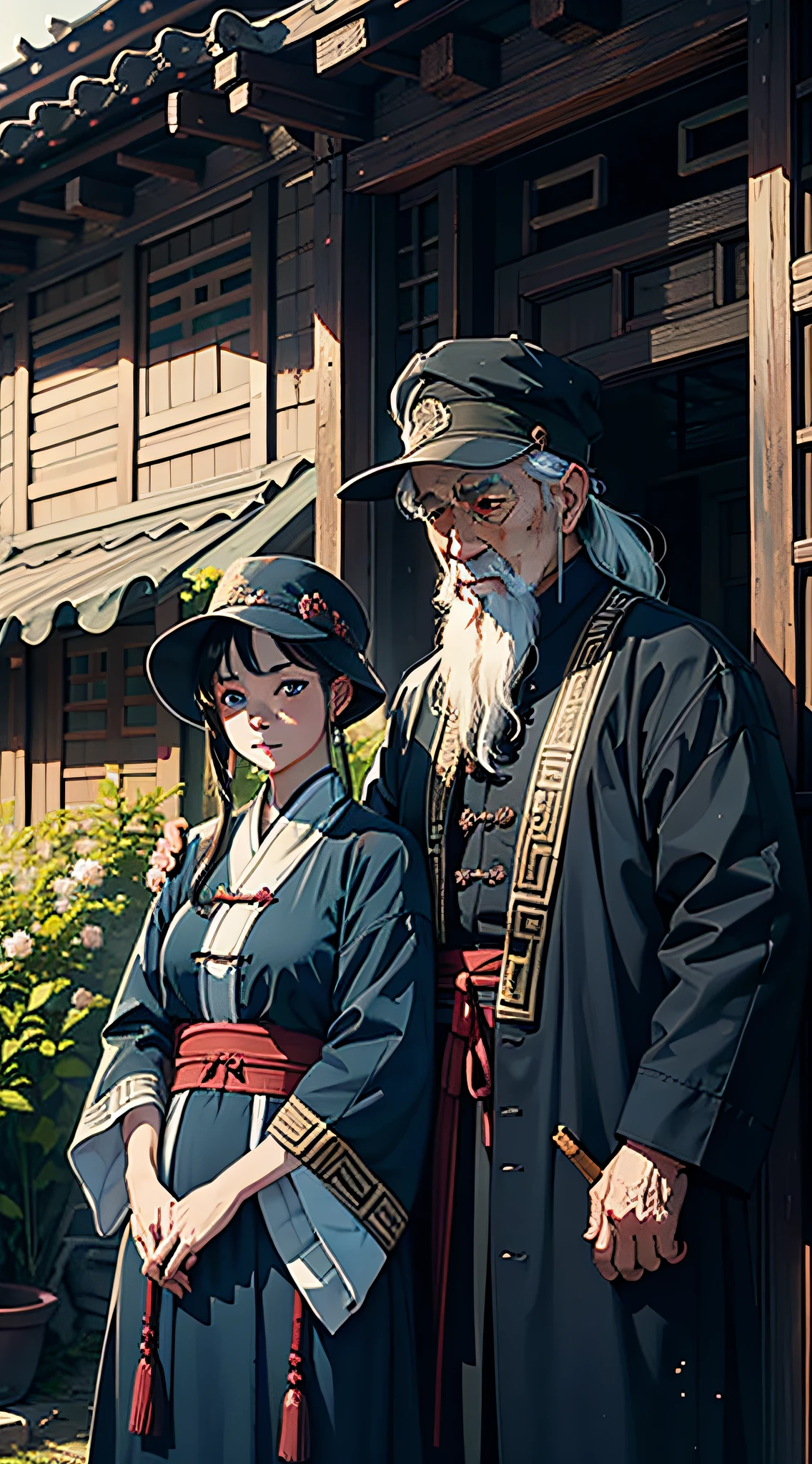 Masterpiece, best quality, (fidelity: 1.9), beautiful ancient Chinese rural vintage house, (very detailed CG unified 4k fhd wallpaper), realistic, high detail, clear focus, dramatic outdoors, an elderly couple in antique Han clothes, rustic, period costume, long hair, blue eyes, black hair,