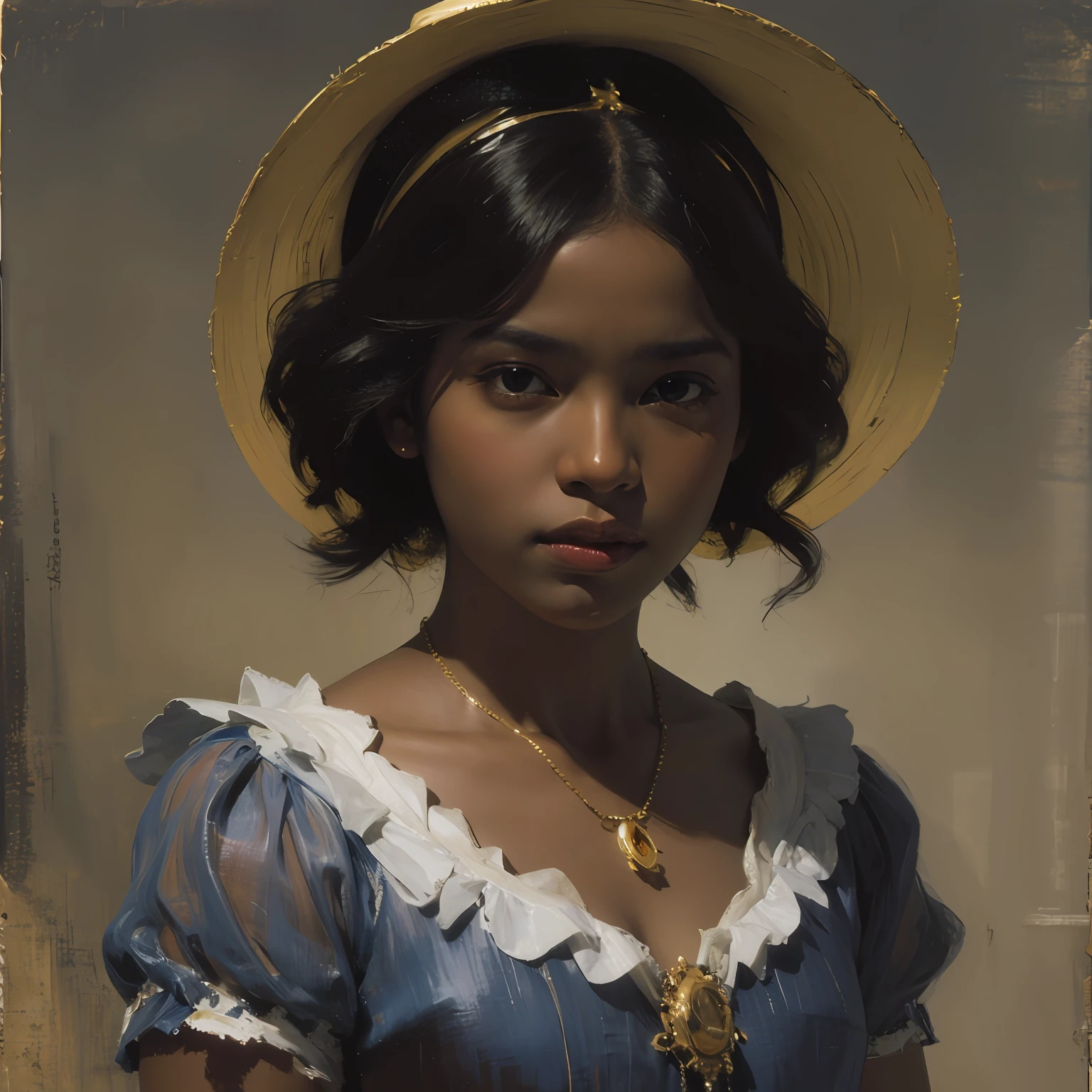 1girl, a black woman, Brazilian, oil painting, John Singer Sargent, Chiaroscuro, J.C Leyendecker, digital art, classical art, deep dark shadows, cinematic lighting, black skin girl, african hairstyle, renaissance style