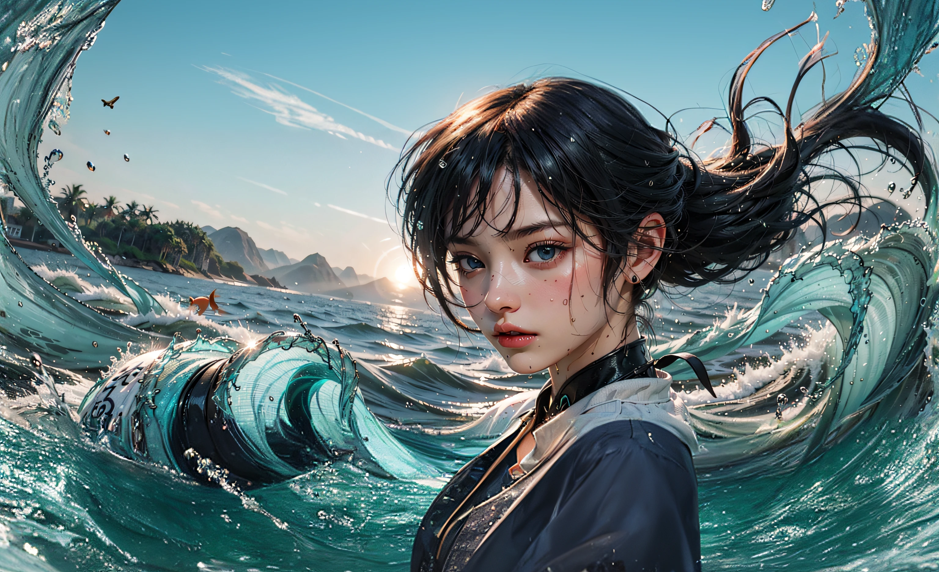 Complete hair, clothes and sky and ocean