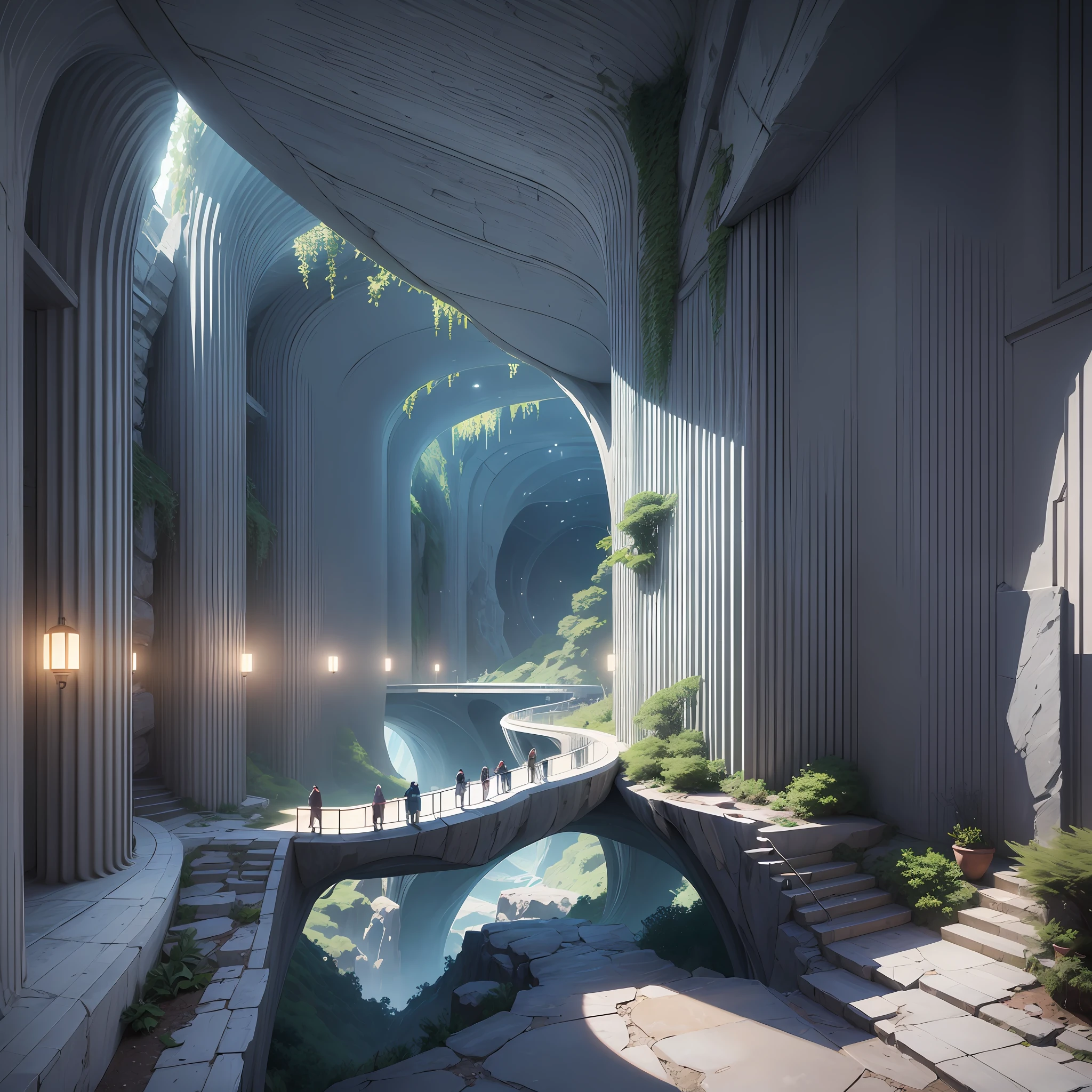 Futuristic design of cave architecture interiors concept art on grand Canyon caves nature architecture, proportional,detailed, cave architecture nature meets futuristic architecture by Toyo Ito and Philip Johnson ,residential area, futuristic development, high rise made up staircases, balconies, full of rock and glass facades, residential spaces carved from cliff side ,trending on artstation, beautiful lighting,In the style of Jean Nouvel masterpiece, fantasy, intricate, award winning, 4k, highest quality render model:Real --auto --s2