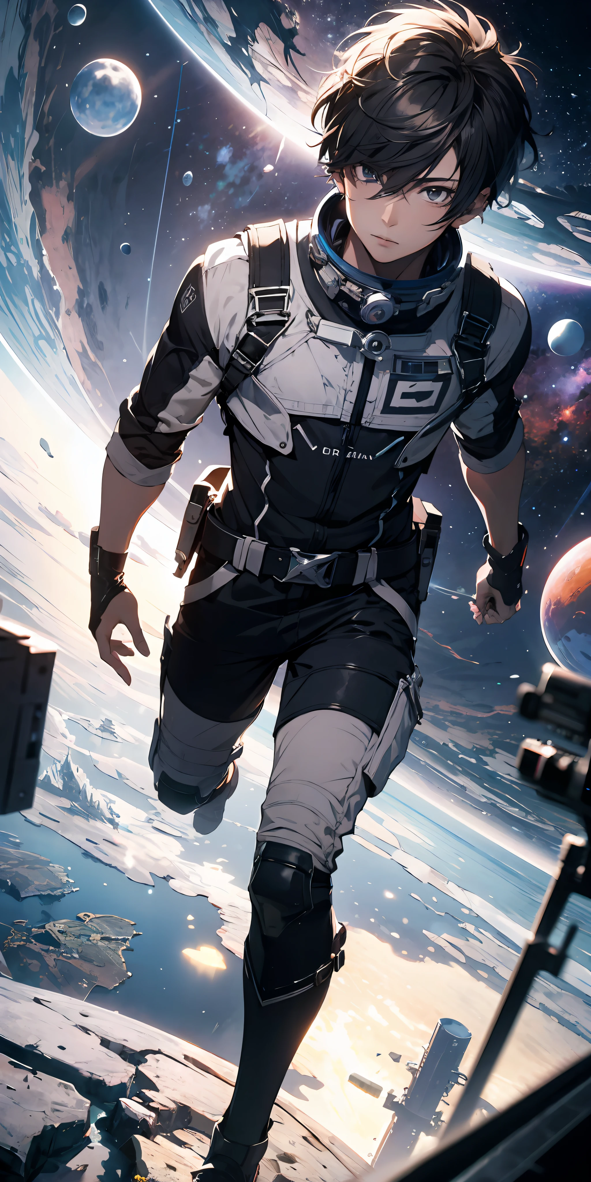 ridiculous resolution, high resolution, (masterpiece:1.4), super detailed, 1boy, seen from above, space, floating, --v 6