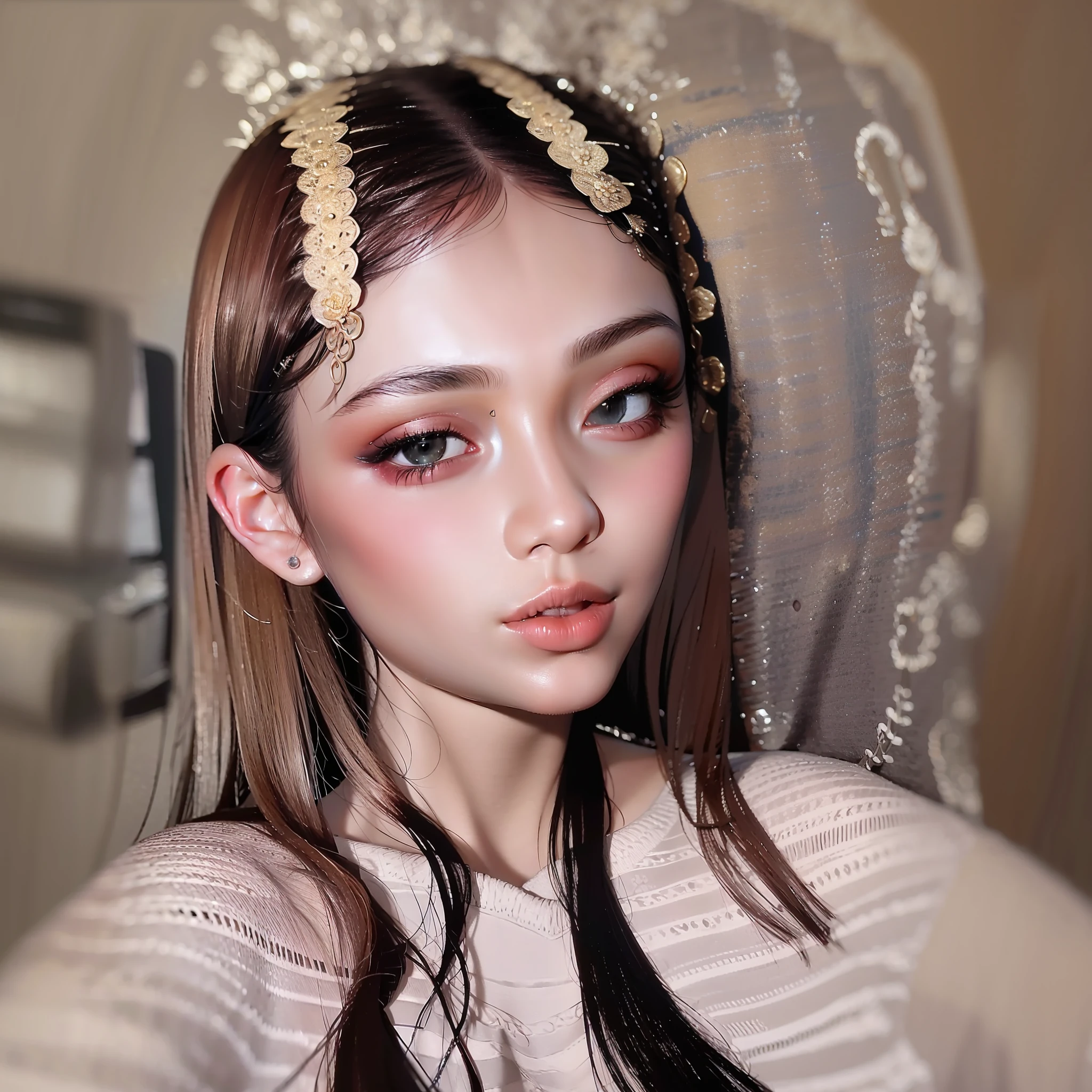 8K, Best Quality, Masterpiece, Ultra High Resolution, (Realism: 1.4), Original Photo, (Realistic Skin Texture: 1.3), (Film Grain: 1.3), (Selfie Angle), 1 Girl, Beautiful Eyes and Face Details, Masterpiece, Best Quality, Close-up, Upper Body, Looking at the Viewer