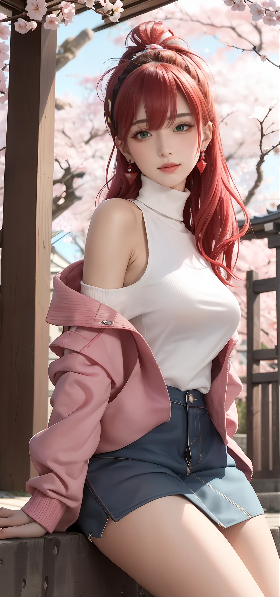 (Masterpiece, Excellent, 1girl, solo, complex details, color difference), realism, ((medium breath)), off-the-shoulders, big breasts, sexy, Yae Miko, long pink hair, red headdress, red highlight, hair above one eye, green eyes, earrings, sharp eyes, perfectly symmetrical figure, choker, neon shirt, open jacket, turtleneck sweater, against the wall, brick wall, graffiti, dim lighting, alley, looking at the audience, ((mean, seductive, charming)), ((cherry blossom background ))),((Japanese temple background)))), (((Glow-in-the-dark background)))