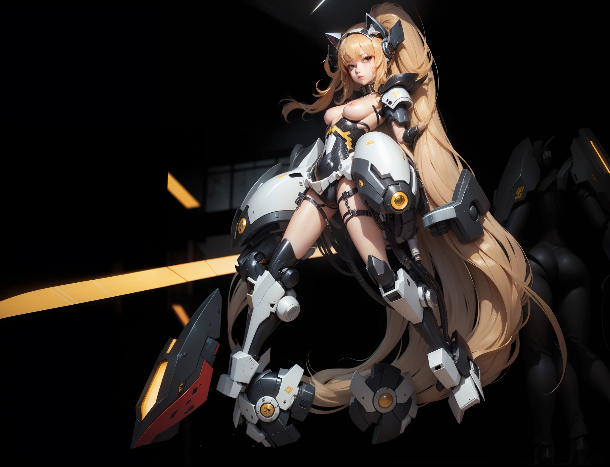 Long brown hair, no bra or cover, only a pair of panties on the lower body, long black silk, with mecha, golden eyes, long legs, two-dimensional style, girly, fair skin