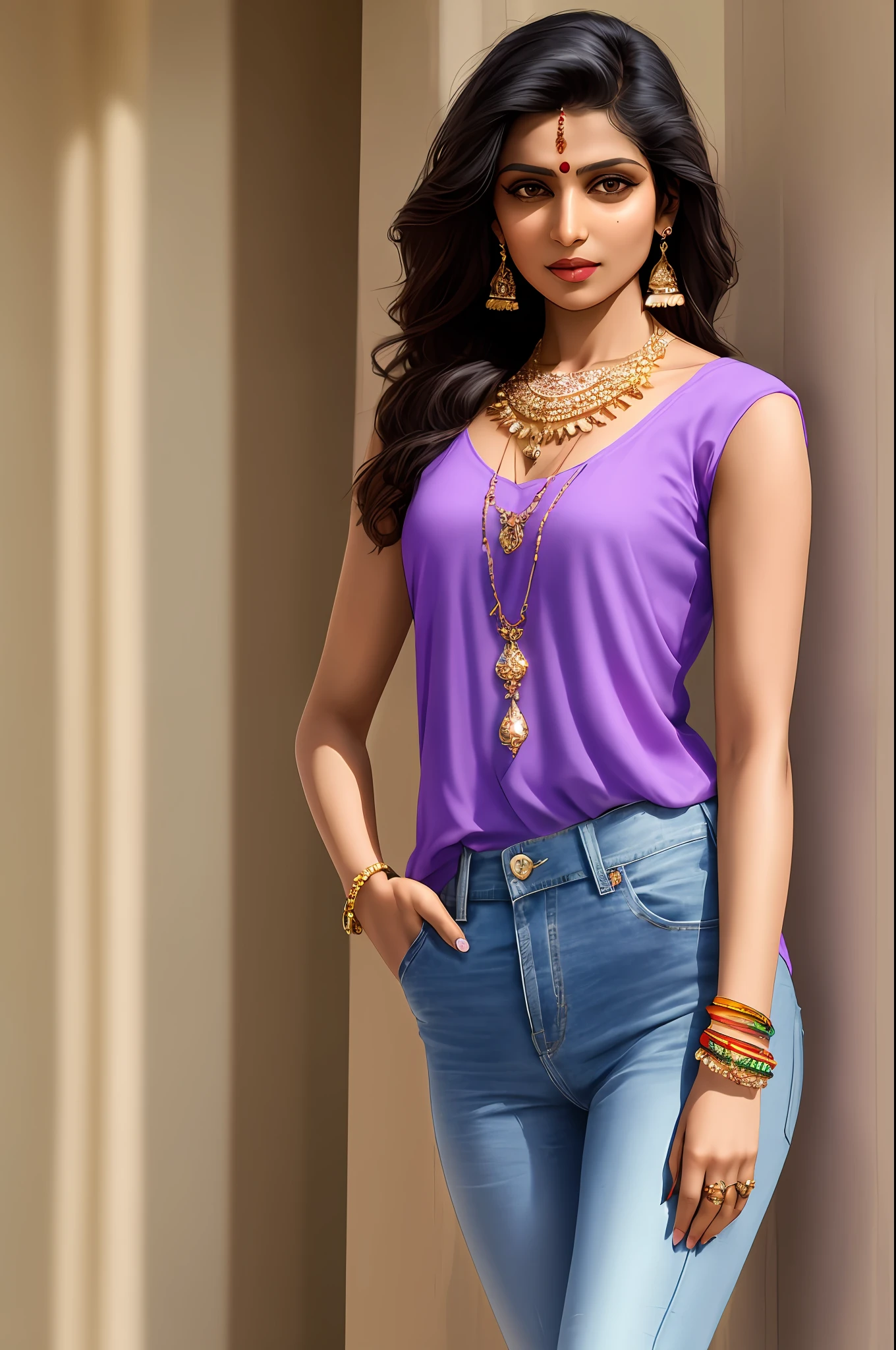 Sure! Here's an optimized prompt based on the given description:
"A seductive Indian girl, adorned with exquisite jewelry, wearing a light purple top and very light blue short jeans. Showcasing her  legs in a realistic and highly detailed manner, she poses alluringly in front of the camera."