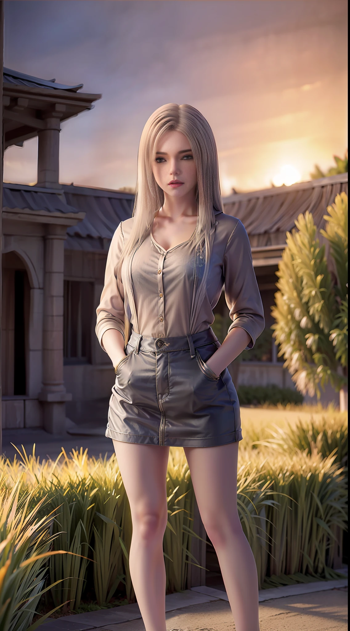 Ultra High Resolution, Realistic, Photo Realistic, Imagination, (Reality), Clear Sky, Composition, Sunset, (HDR:1.5), Outdoor, Intricate Detail, Collared Shirt, Skirt, Black Stockings, 8K, Standing, Looking at Viewer, Hands in Pockets, Red Lips,