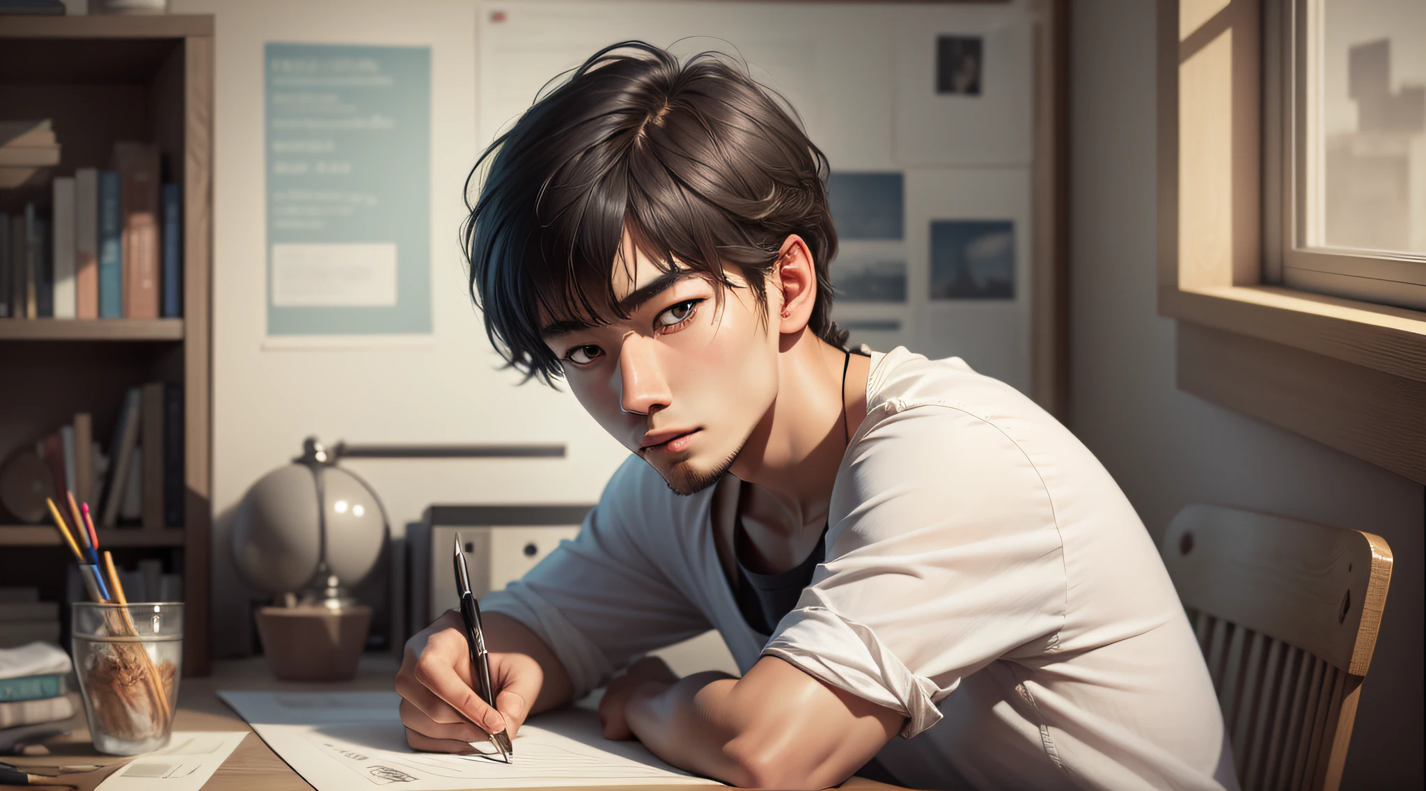 Drawing, ultra realistic, 8k, extremely detailed, in the best quality, man, oriental, short hair, young, studying in a tidy room.