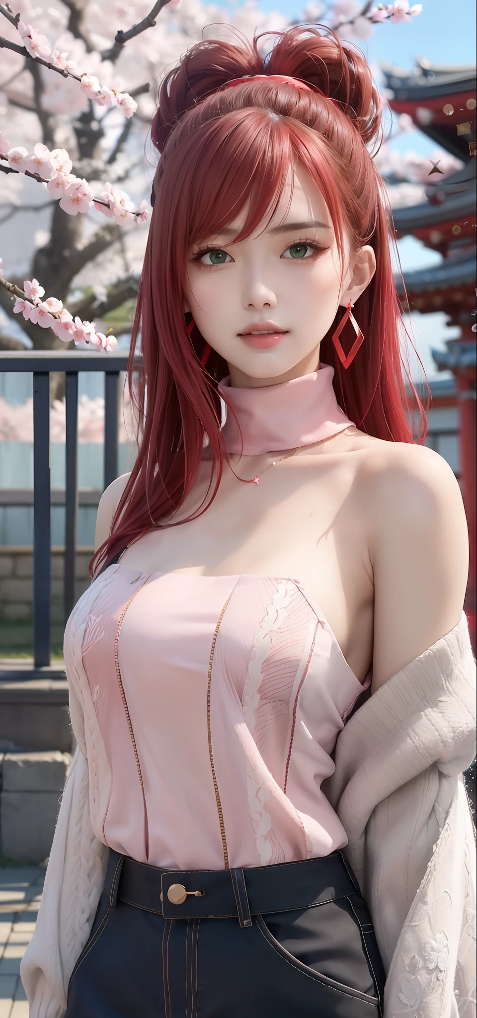 (Masterpiece, Excellent, 1girl, solo, complex details, color difference), realism, ((medium breath)), off-the-shoulders, big breasts, sexy, Yae Miko, long pink hair, red headdress, red highlight, hair above one eye, green eyes, earrings, sharp eyes, perfectly symmetrical figure, choker, neon shirt, open jacket, turtleneck sweater, against the wall, brick wall, graffiti, dim lighting, alley, looking at the audience, ((mean, seductive, charming)), ((cherry blossom background ))),((Japanese temple background)))), (((Glow-in-the-dark background)))