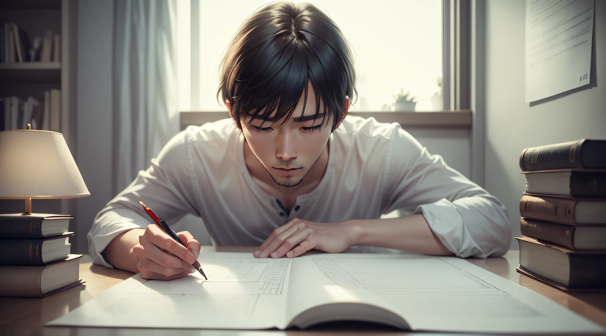 Drawing, ultra realistic, 8k, extremely detailed, in the best quality, man, oriental, short hair, young, studying in a tidy room.