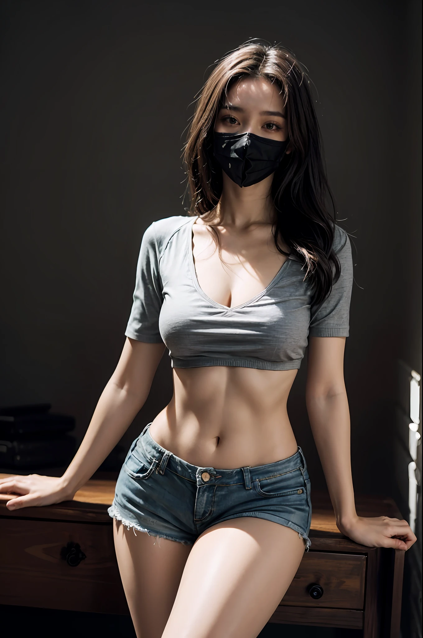 Best Quality, Masterpiece, High Resolution, 8K, (Realistic: 1.4), Ultra High Resolution, 1 Girl, Ultra Detailed, Surreal, Highly Detailed CG Illustration, Official Art, Cinematic Light, Reality, Young Beautiful Girl, Perfect Figure, Perfect Figure, Full View, Perfect Body, (Starting below: 1.3), Mask, Pose, Sexy Long Legs, Confident, Beautiful Sexy, Grey Short Sleeves, Open Abdomen, Black Super Shorts, S-shaped Body, Upturned Hips, Assuming, Posing, Different Perspectives