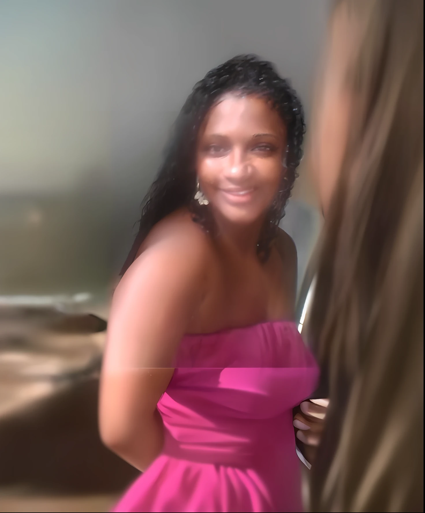 There is a woman in a pink dress smiling for the camera, 3 5 years old Brazilian mother, profile picture, looks like Fabiula Nascimento, posing!, profile picture, about 3 5 years old, 30 year old woman from Cuba, with brown skin, profile photo, 40 year old women, 3 0 year old woman on the beach
