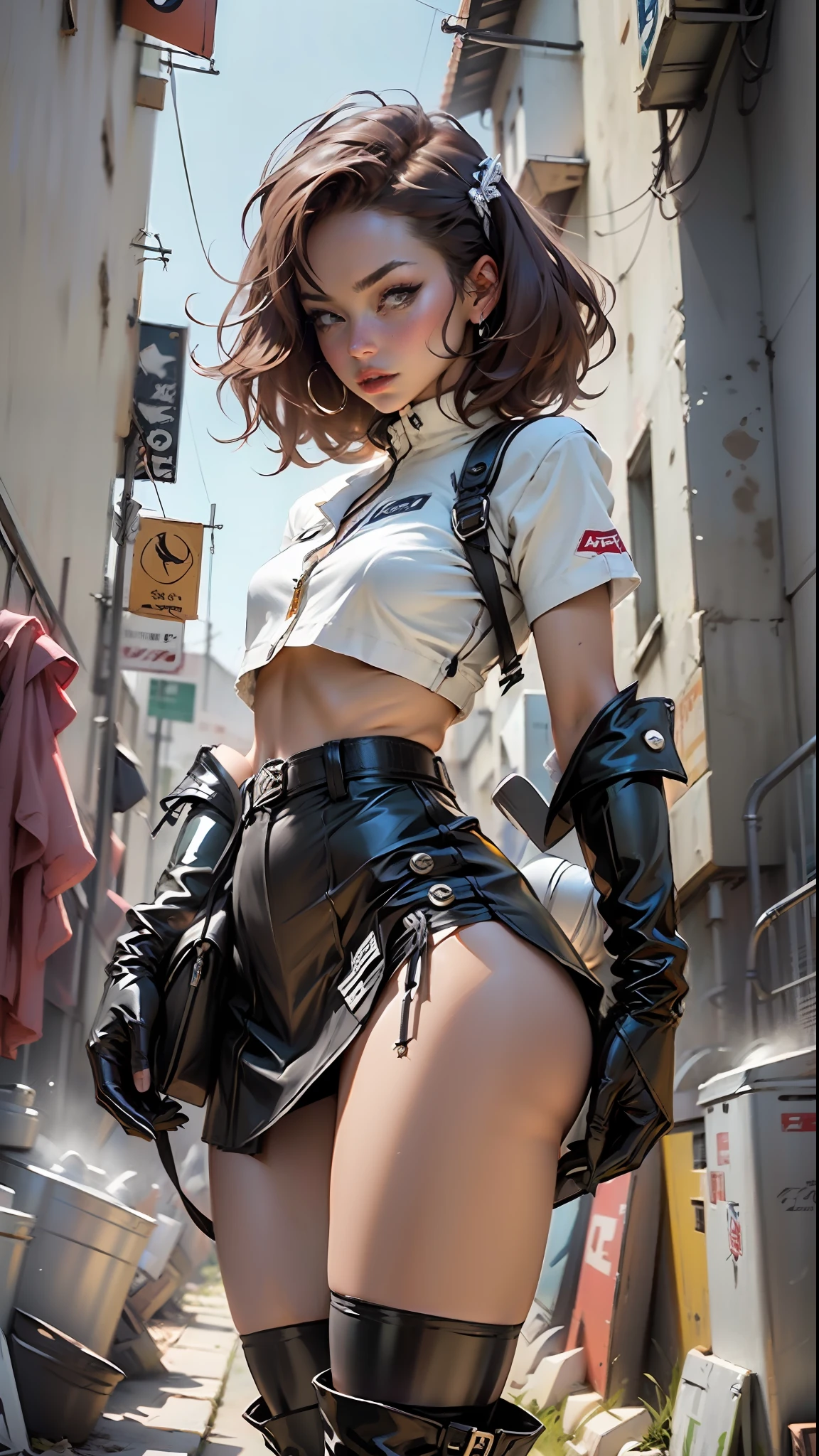 Woman body defined thick thighs gloves mini skirt and latex boots, short underwear