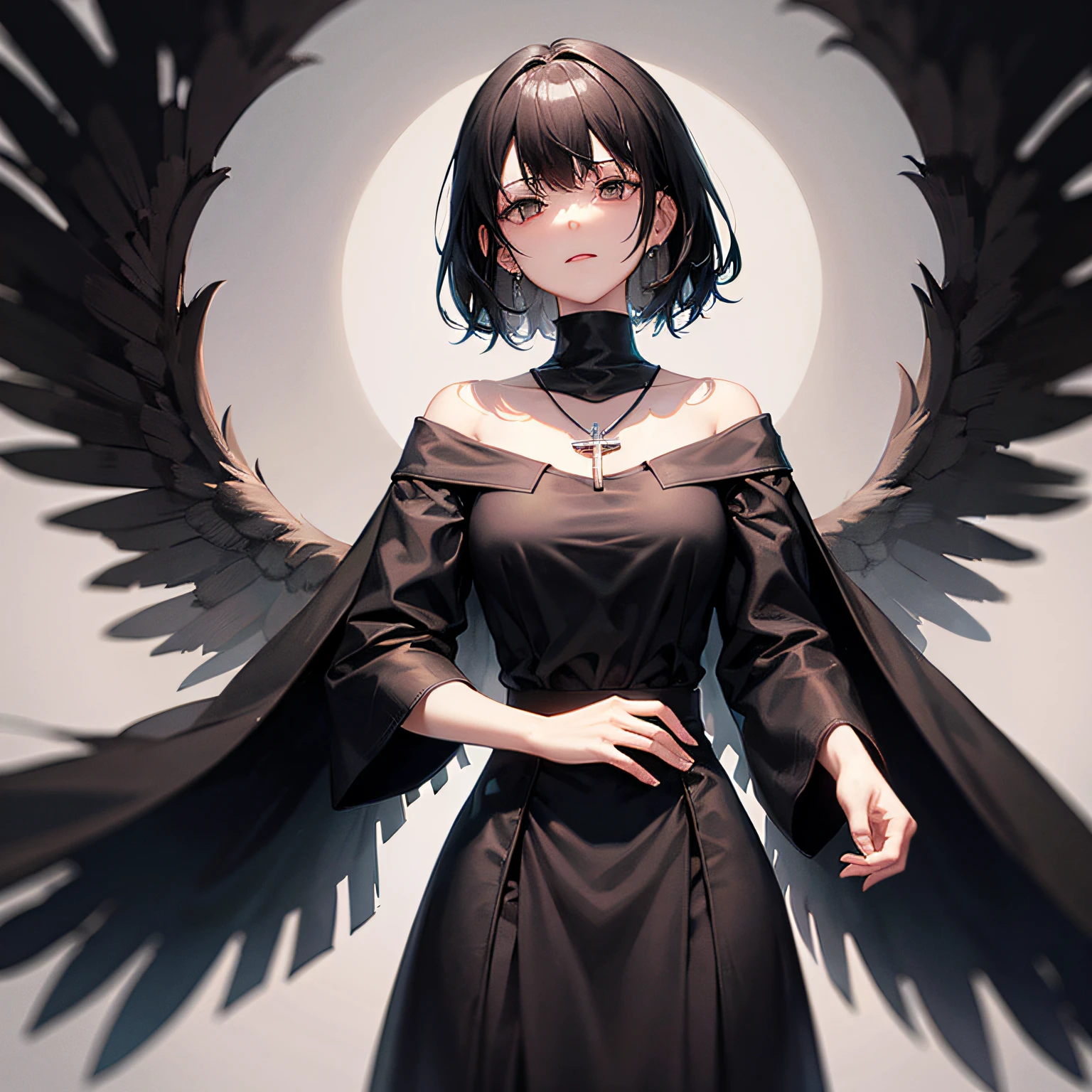 Woman with white and black hair, black crow dress and a crucifix necklace, medieval.