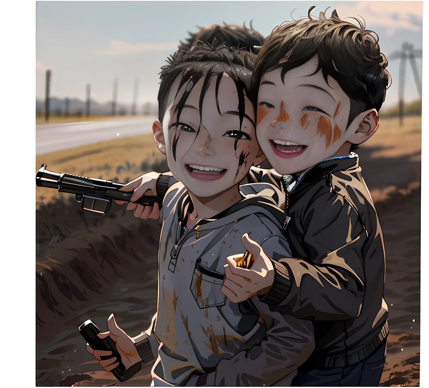 There are two boys, a happy child in front, with a happy expression, he is happy, laughing playfully, laughing crazy, happy expression, very excited, cheerful expression, very happy, very happy, very happy, very happy, the image is absolutely outstanding, covered in mud, happy and lively expression, very, very happy, and there is also a little boy laughing in the back