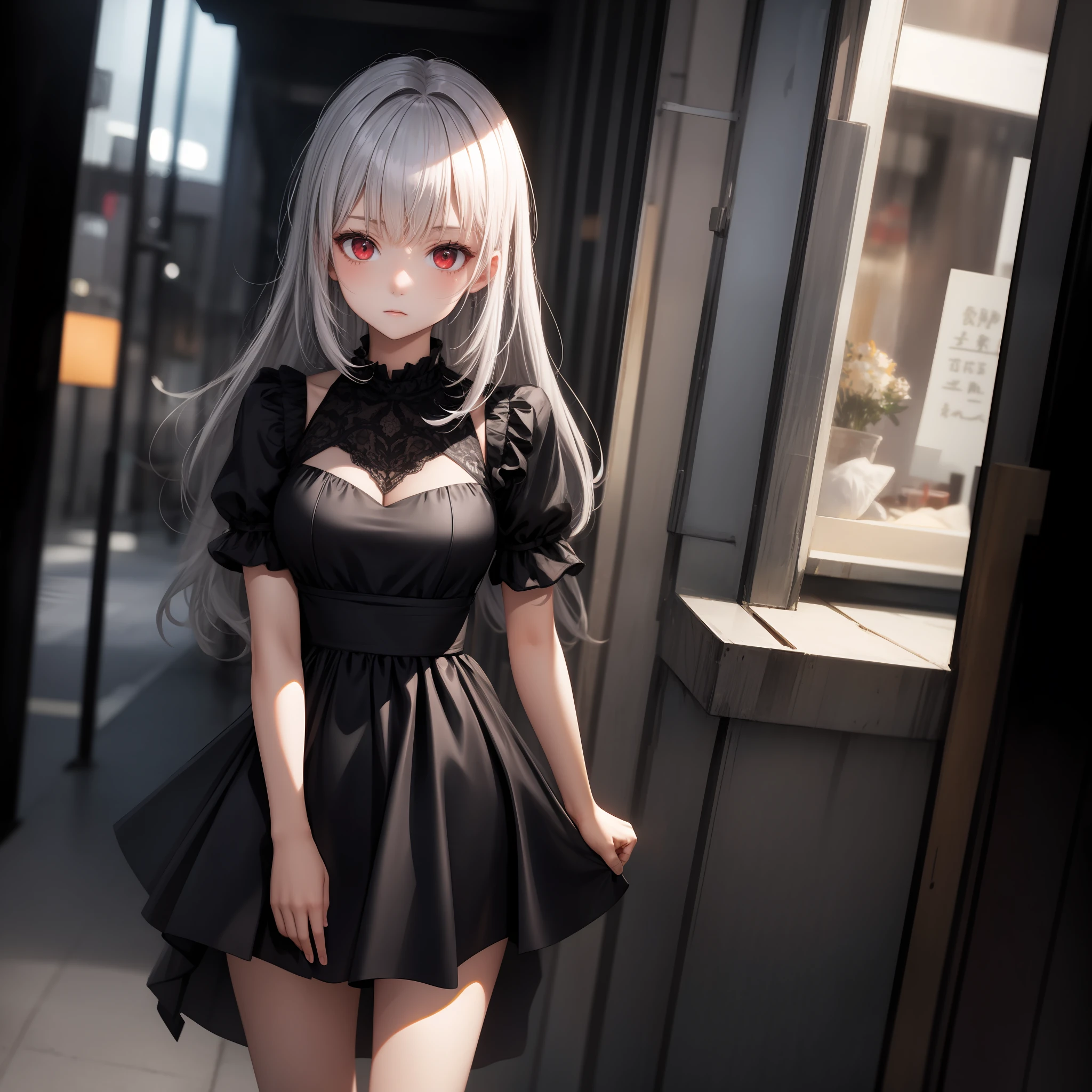 gray hair, red eyes, girl, alone, solo, 1girl, black dress