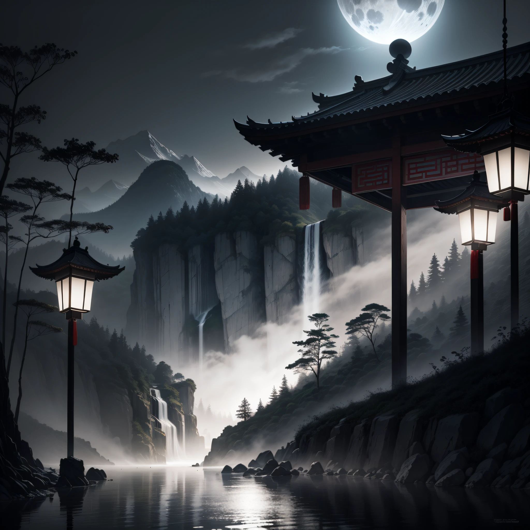 masterpiece,best quality,Chinese martial arts style,an asian night scene with lanterns and water lilies,asian pond with many lanterns and boatsa night scene with many lights and boats in the water, Lake surface, lotus flowers,beautiful night scene,(((Chinese martial arts style))), with vast sky, continuous mountains and steep cliffs, ink wash style, outline light, atmospheric atmosphere, depth of field, mist rising, bamboo, pine trees, octagonal stone pavilion, waterfall flowing water,big full moon,(No color) , Monochrome, light color, --auto