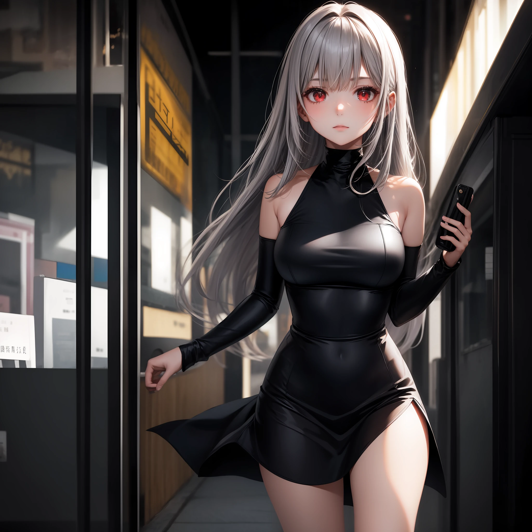 gray hair, red eyes, girl, alone, solo, 1girl, black dress